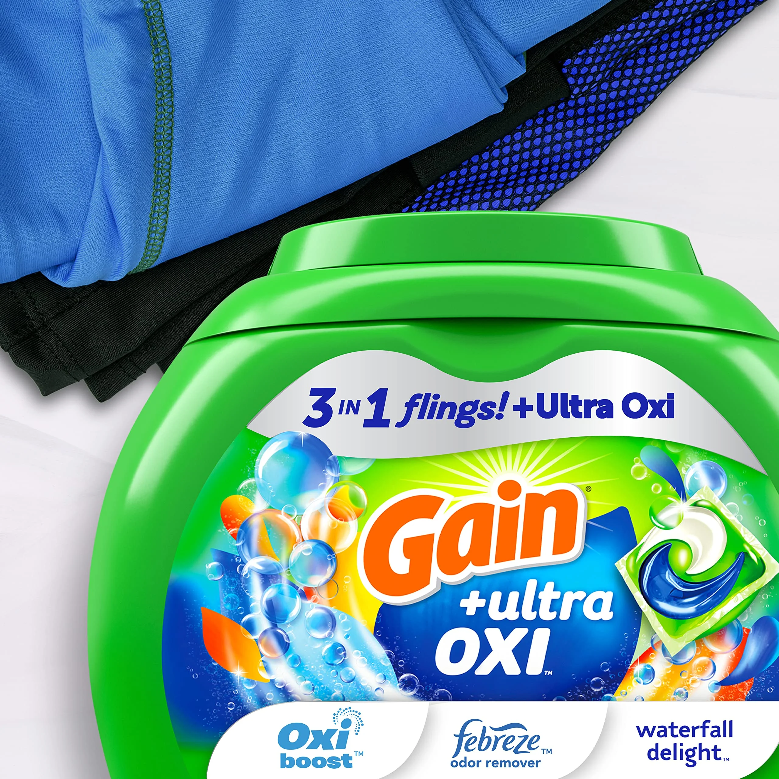 Gain Flings Ultra Oxi Laundry Detergent Pacs, 112 Count, Waterfall Delight Scent, 3-In-1, He Compatible