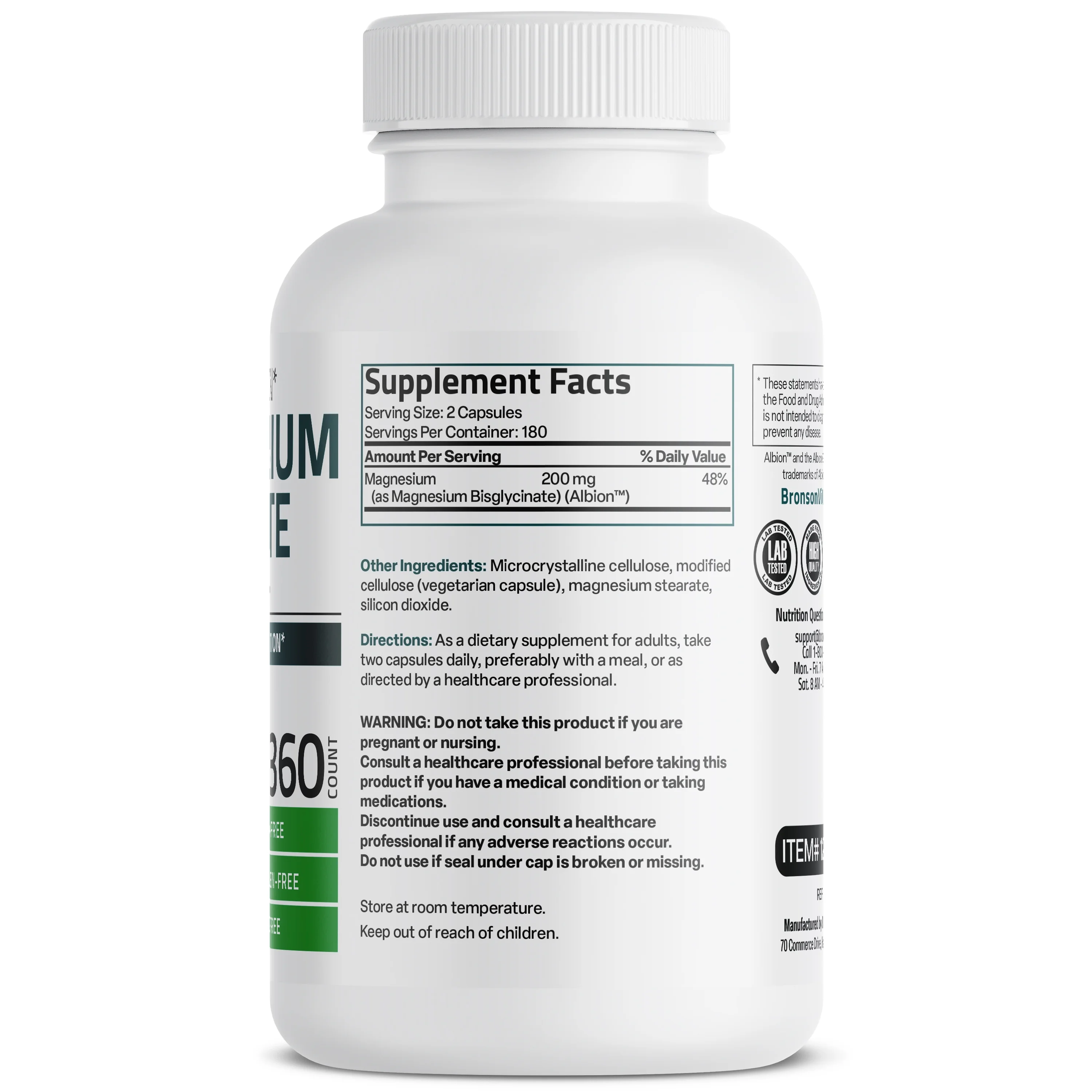 Bronson Magnesium Glycinate 200 MG per Serving 100% Chelated for High Absorption, Gentle On Stomach, Non-GMO, 360 Vegetarian Capsules