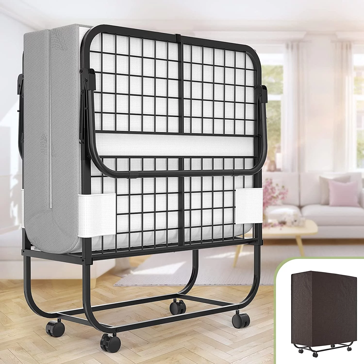 Folding Bed with Mattress for Adults  Portable Rollaway Guest Bed  Cot Size Foldable Bed with 5 Inch Memory Foam Mattress and Metal Frame  Roll Away Bed  Cover Included  75 x 31 Inch