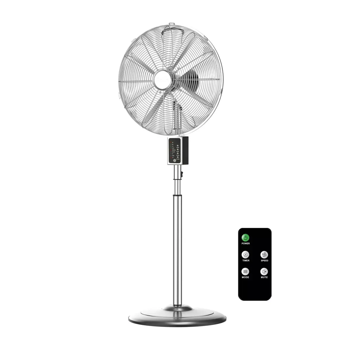 YFY 16-inch digital oscillating 3-speed metal pedestal fan with remote control, adjustable 20° head tilt, 75° motorized wide-angle oscillation, automatic shut-off timer. (Chrome Plated)
