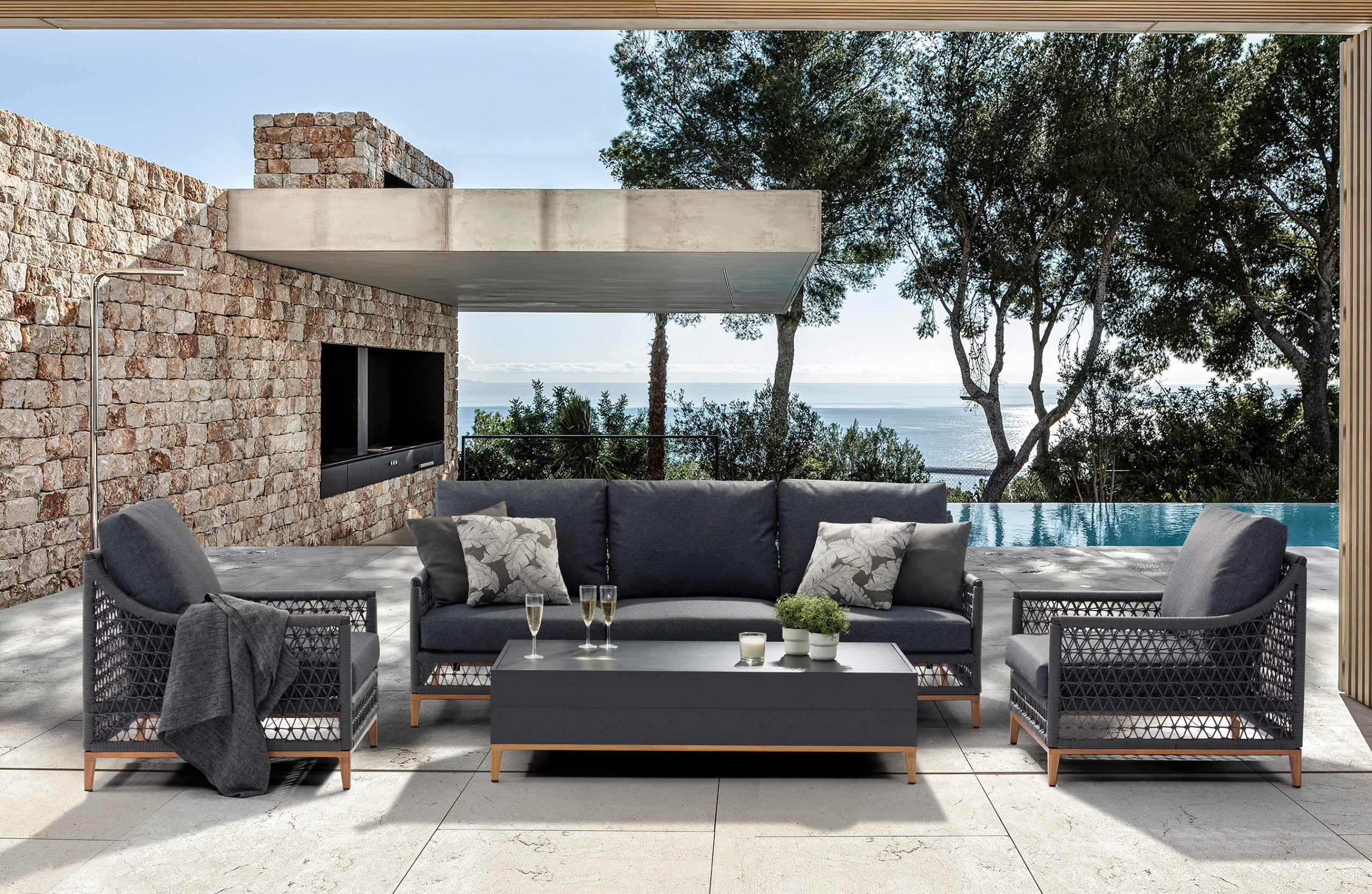 Karen 4-Piece Outdoor Collection, Dark Grey Olifen Cushions, Sofa, 2 Chairs and Coffee Table, Aluminum Frame, Powder-Coating Finished, Wood Color Base, 8mm Glass Ceramic Table Top.