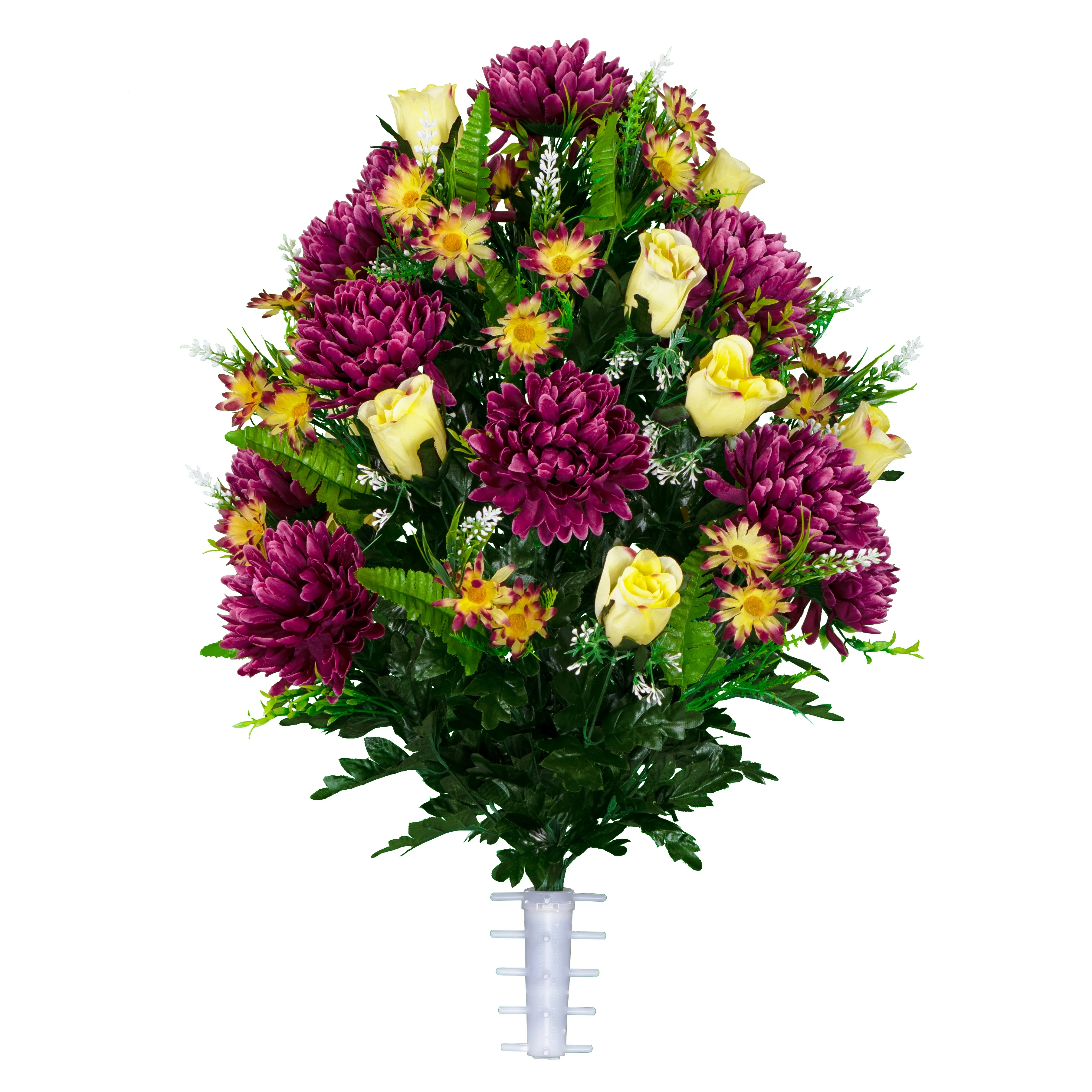 Sympathy Silks Artificial Cemetery Flowers Plum Mums and Cream Roses Bouquet with Vase