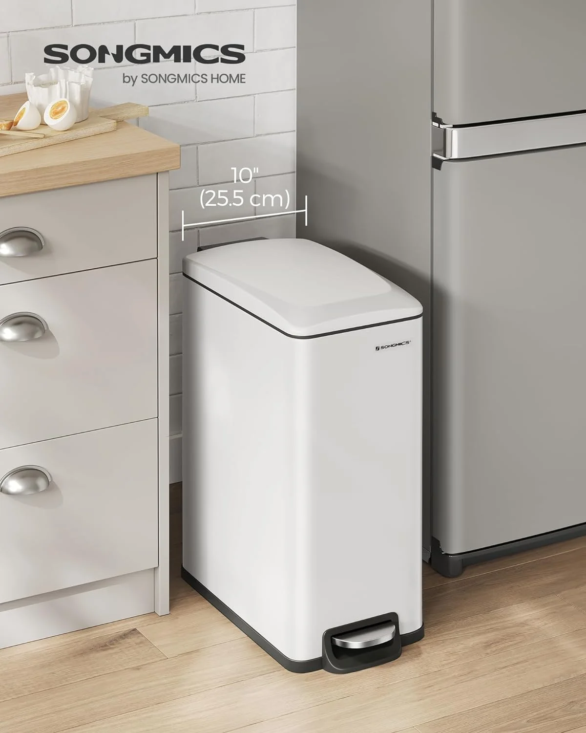 SONGMICS Slim Trash Can, 12.7 Gallon Garbage Can for Narrow Spaces with Soft-Close Lid, White