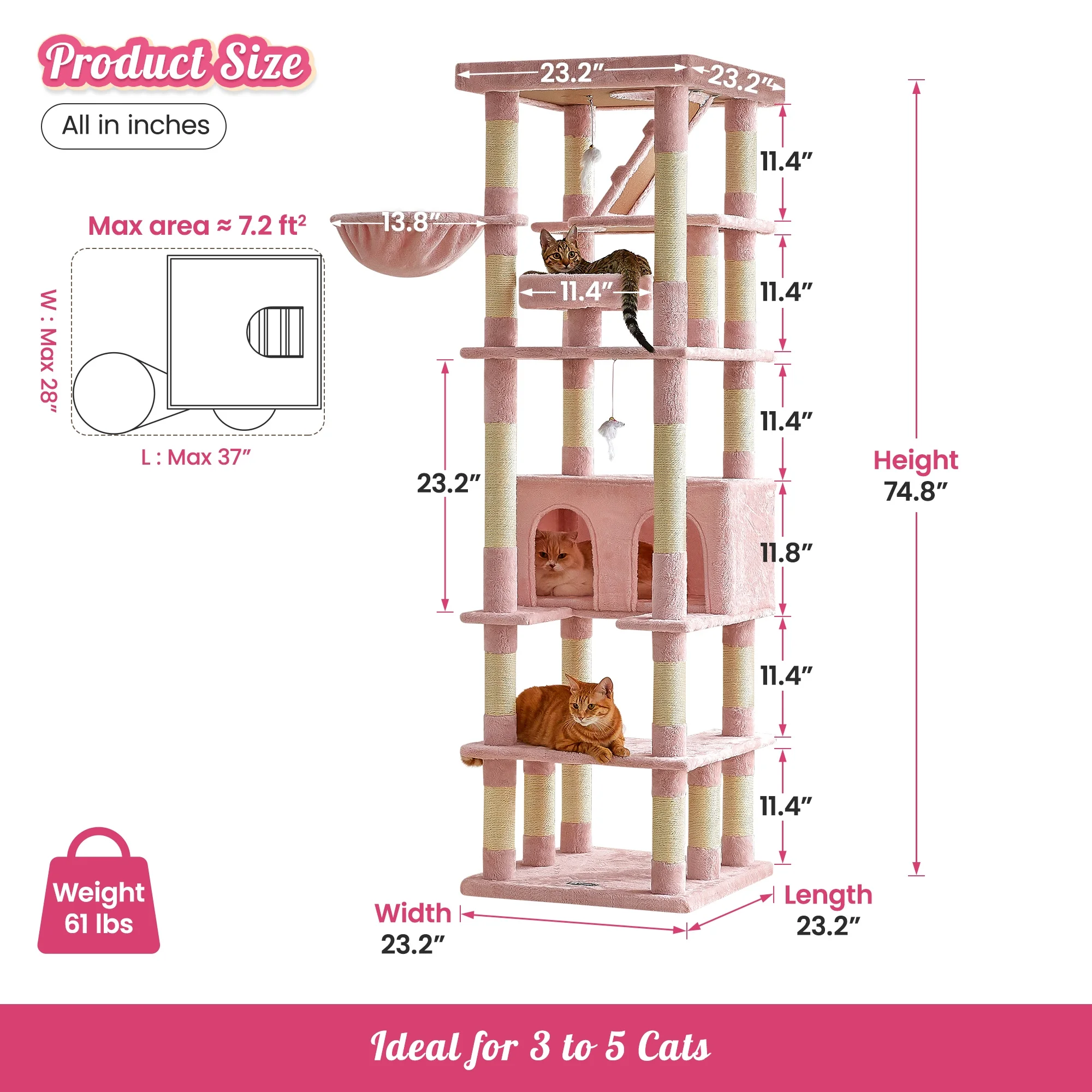 MWPO 74.8-in Extra Large Cat Tree with Double Condo and Scratching Post Tower,Pink
