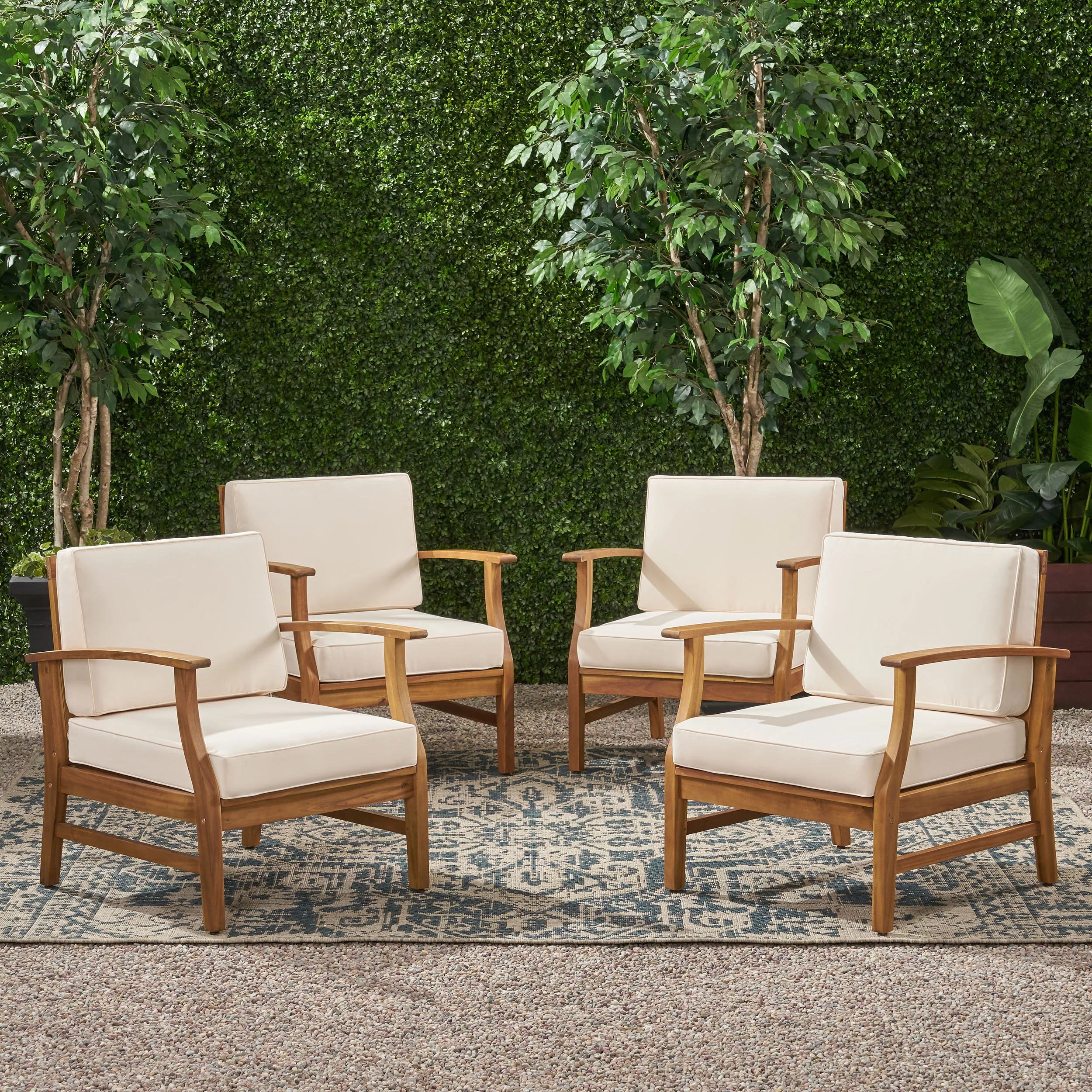 GDF Studio Abena Outdoor Acacia Wood Club Chairs with Cushions, Set of 4, Teak and Cream