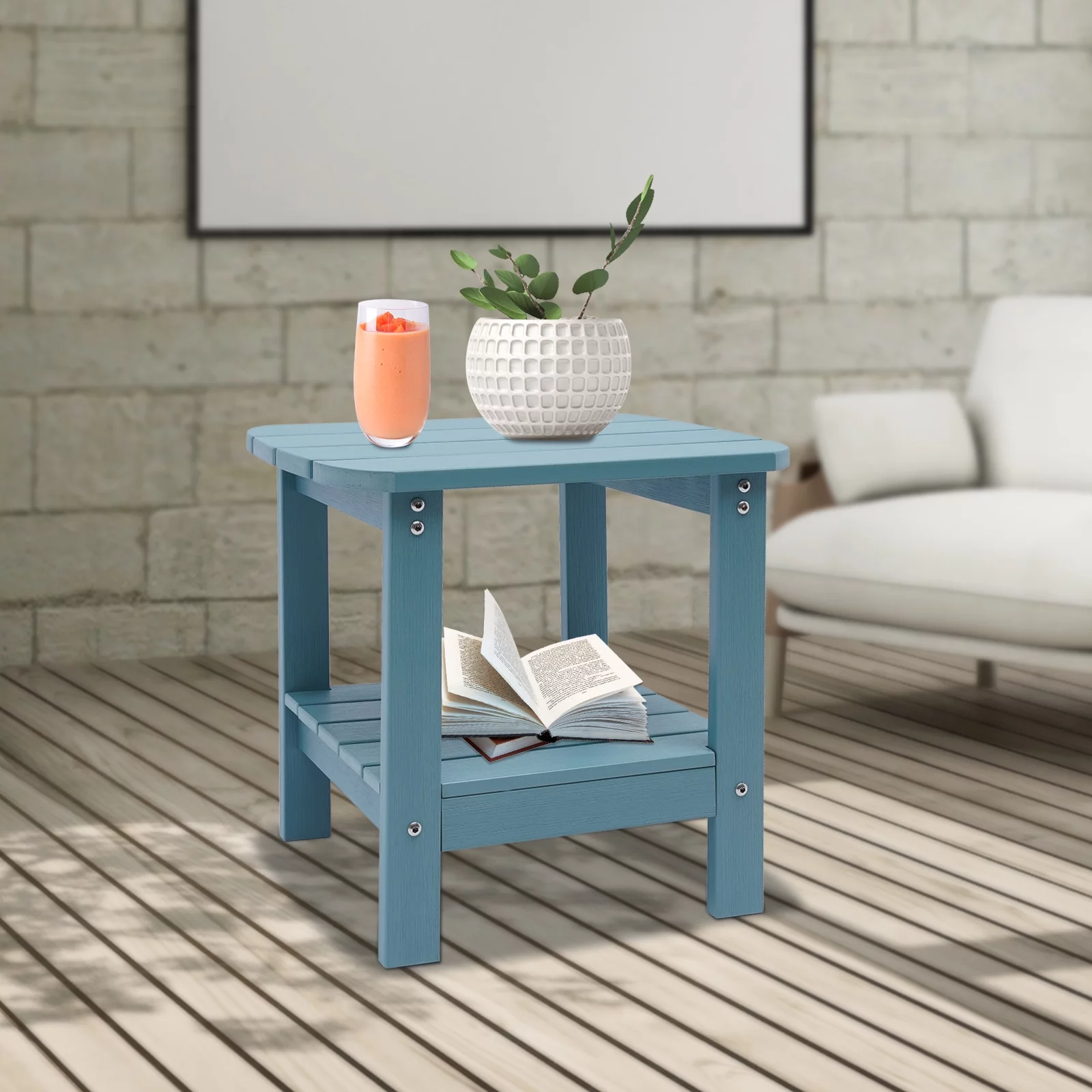 Small Casual Outdoor Wood Side Table Rectangle 2-Tier Garden End Table 18.9*15*18in, Light Blue/Brown