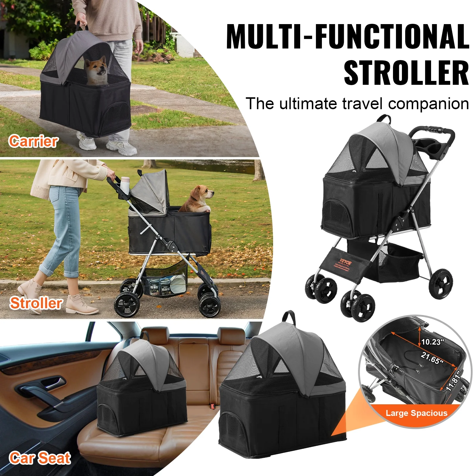 SKYSHALO 3-in-1 Pet Stroller, 4 Wheels Foldable Premium Multifunction Dog Cat Stroller with Cup Holder, 35 lbs Weight Capacity, Black and Dark Grey
