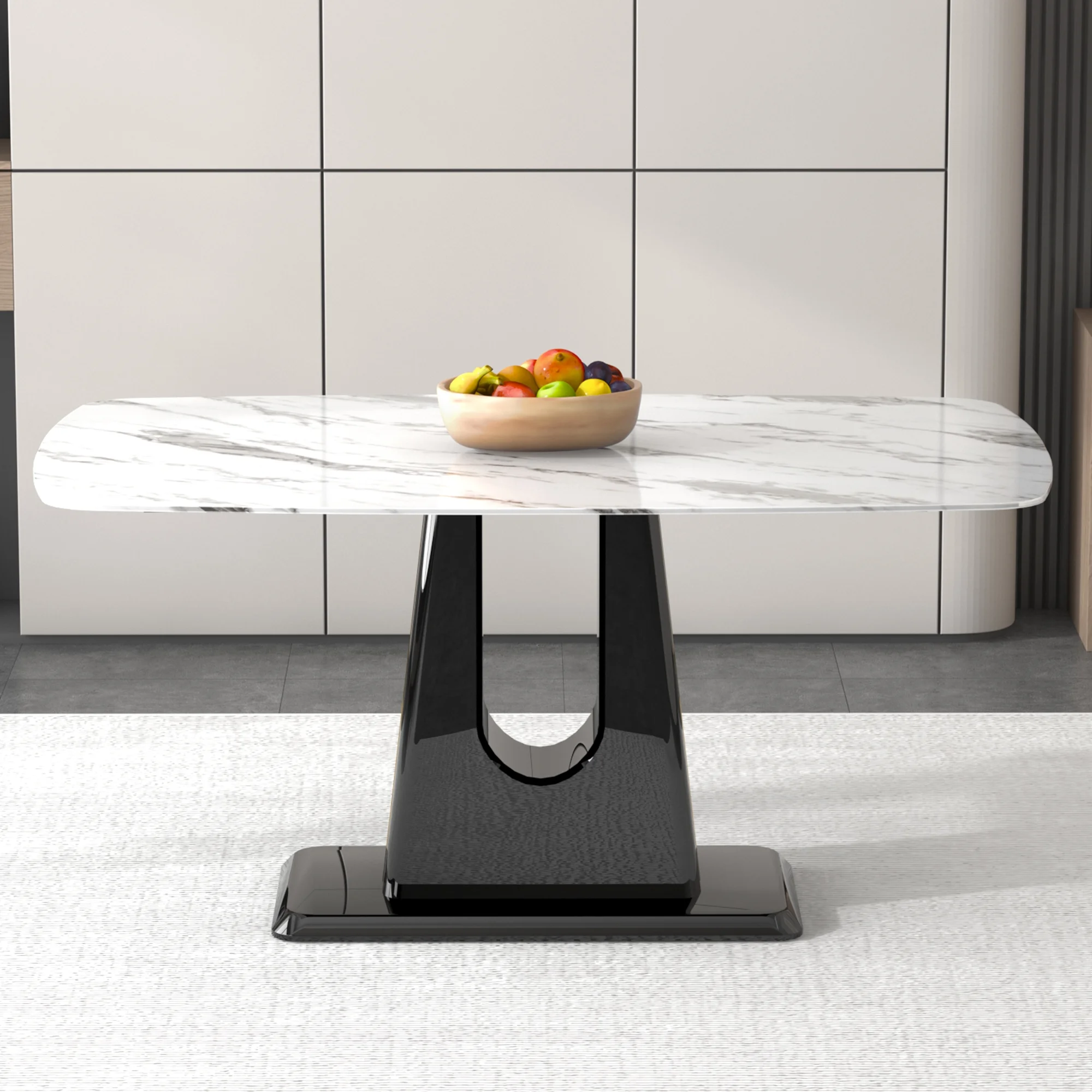 A modern, minimalist, and luxurious dining table with a white imitation marble tabletop and MDF legs with U-shaped brackets. Tables in restaurants and living rooms 63