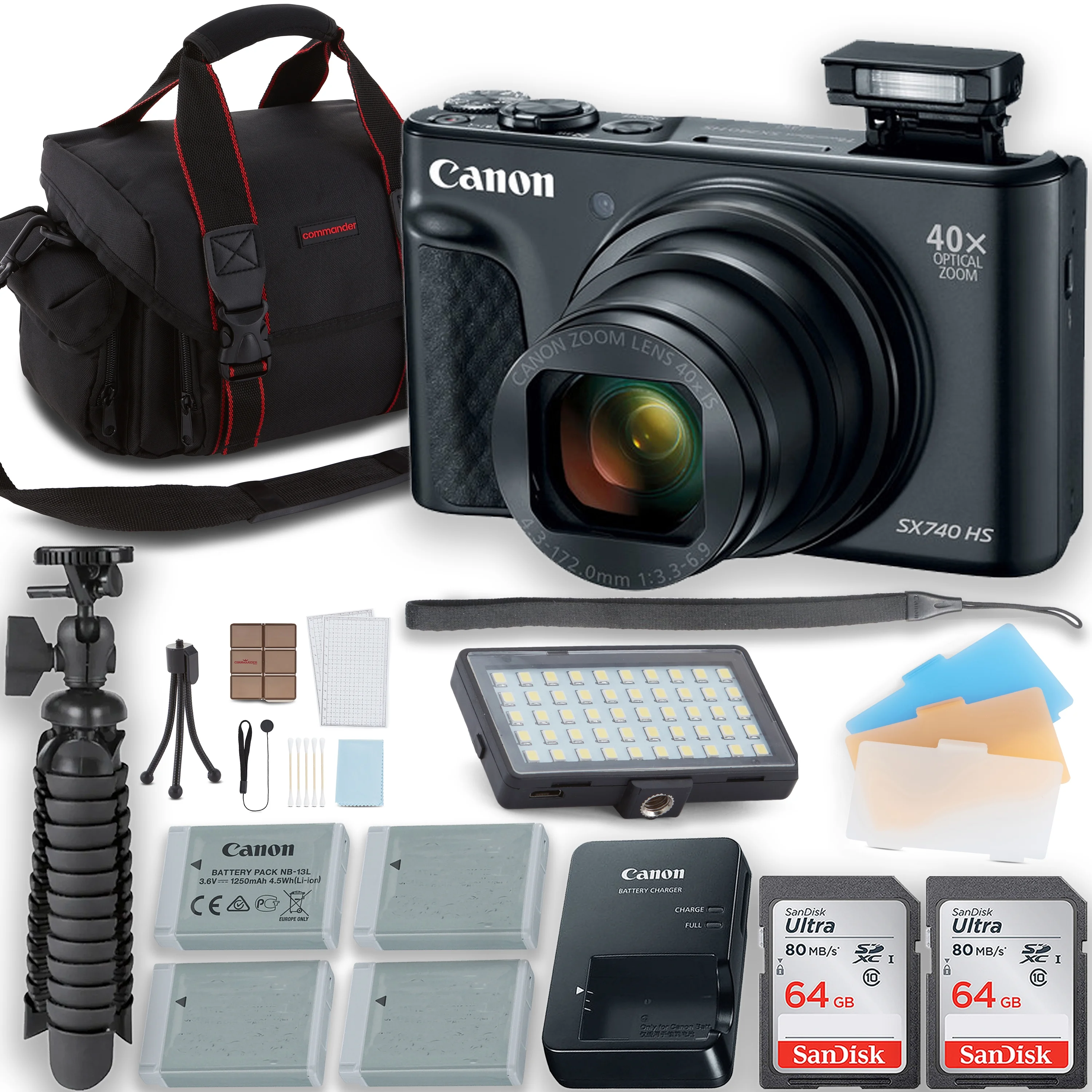 Canon PowerShot SX740 HS Digital Camera With LED Video Light + 3 Extra Batteries + Two 64GB Memory Cards + Tripod + Case & More
