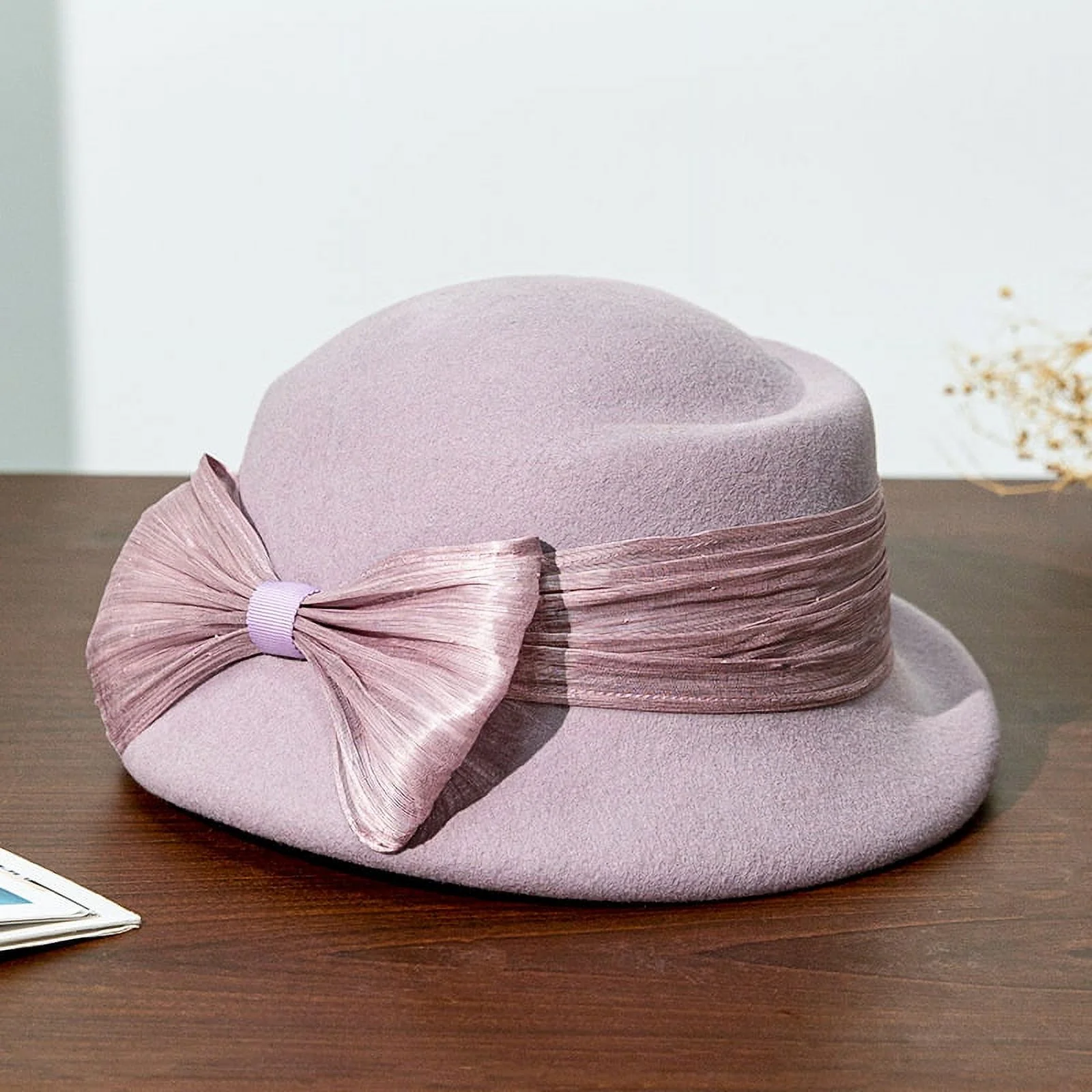Autumn and winter wool felt hat for women, solid color versatile elegant round top top hat