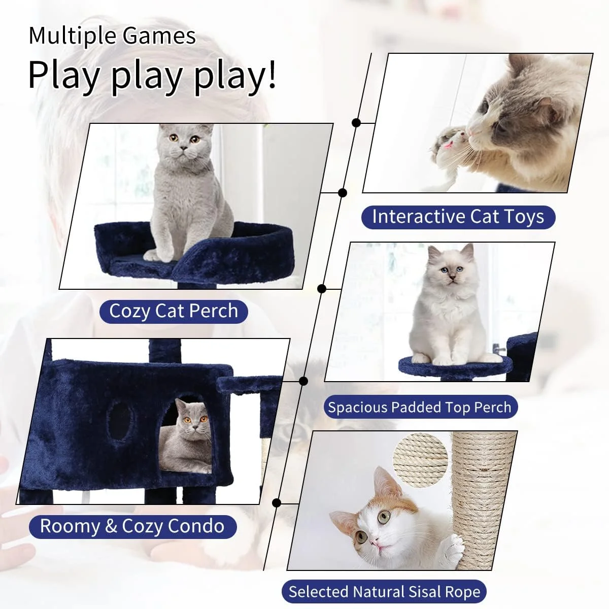 Dkelincs 54 inch Cat Tree with Cat Scratching Posts, Multi-Level Cat Condo Tower Play House, Navy Blue