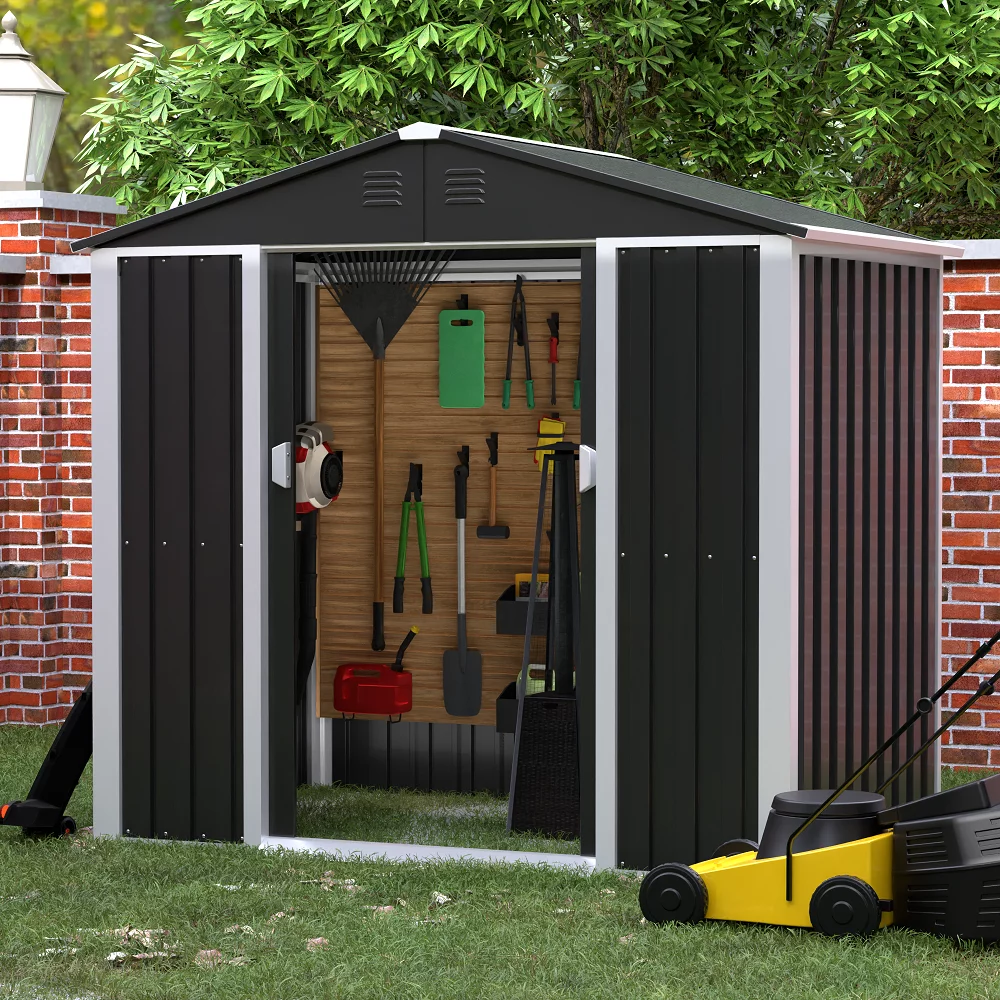 JAORD Metal Outdoor Storage Shed, Steel Utility Tool Shed Storage House with Sliding Door, Metal Sheds Outdoor Storage for Backyard Garden Patio Lawn (H6'xW6'x D4') Black&White