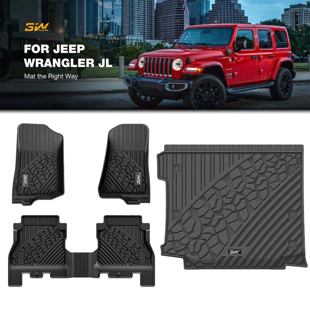 3W Floor Mats Floor Mats and Cargo Liner Fit for Jeep Wrangler JL 2018-2024 Unlimited 4-Door with Subwoofer (Non JK or 4XE) All-Weather TPE Black Floor Liner and Trunk Mats Full Set Car Mats