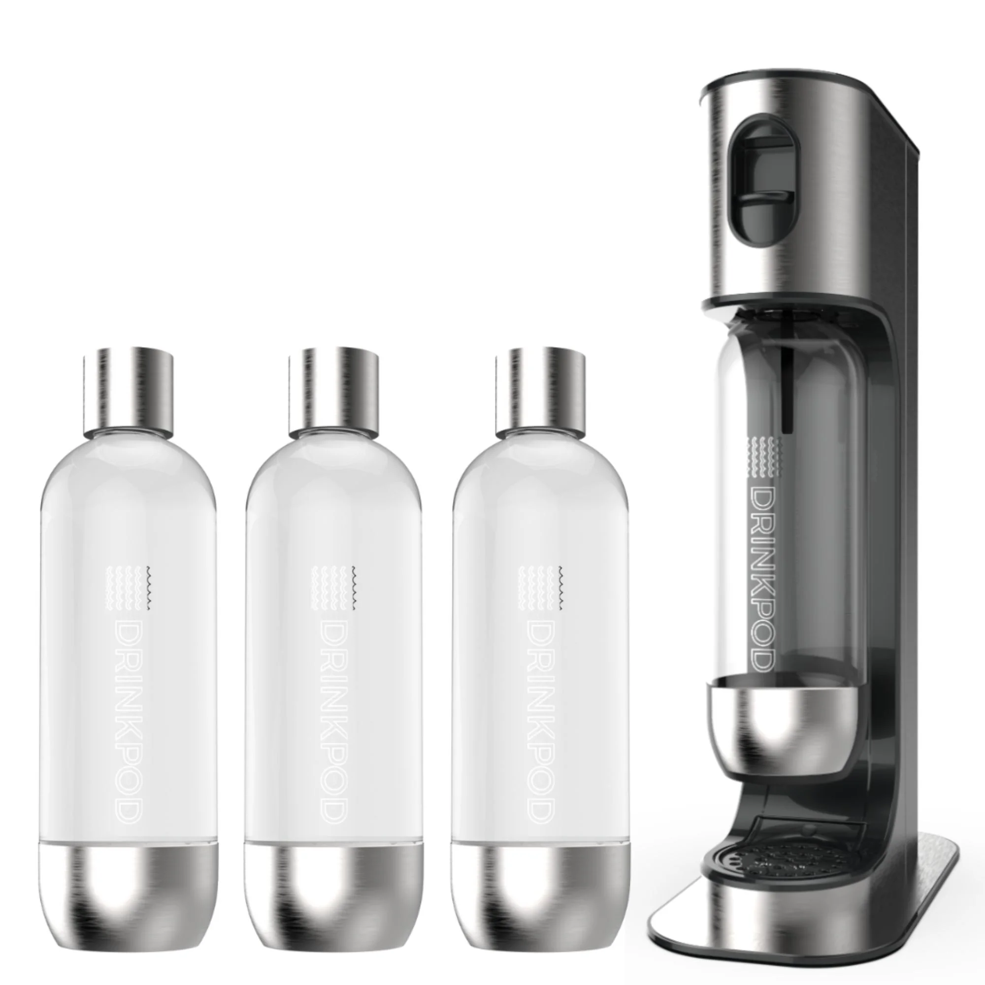 Drinkpod Stainless Steel Premium Sparkling Water Machine | Includes 2 C02 Cylinder & 3 x Bottles | Ultra Fizz Carbonated Machine In Stainless Steel