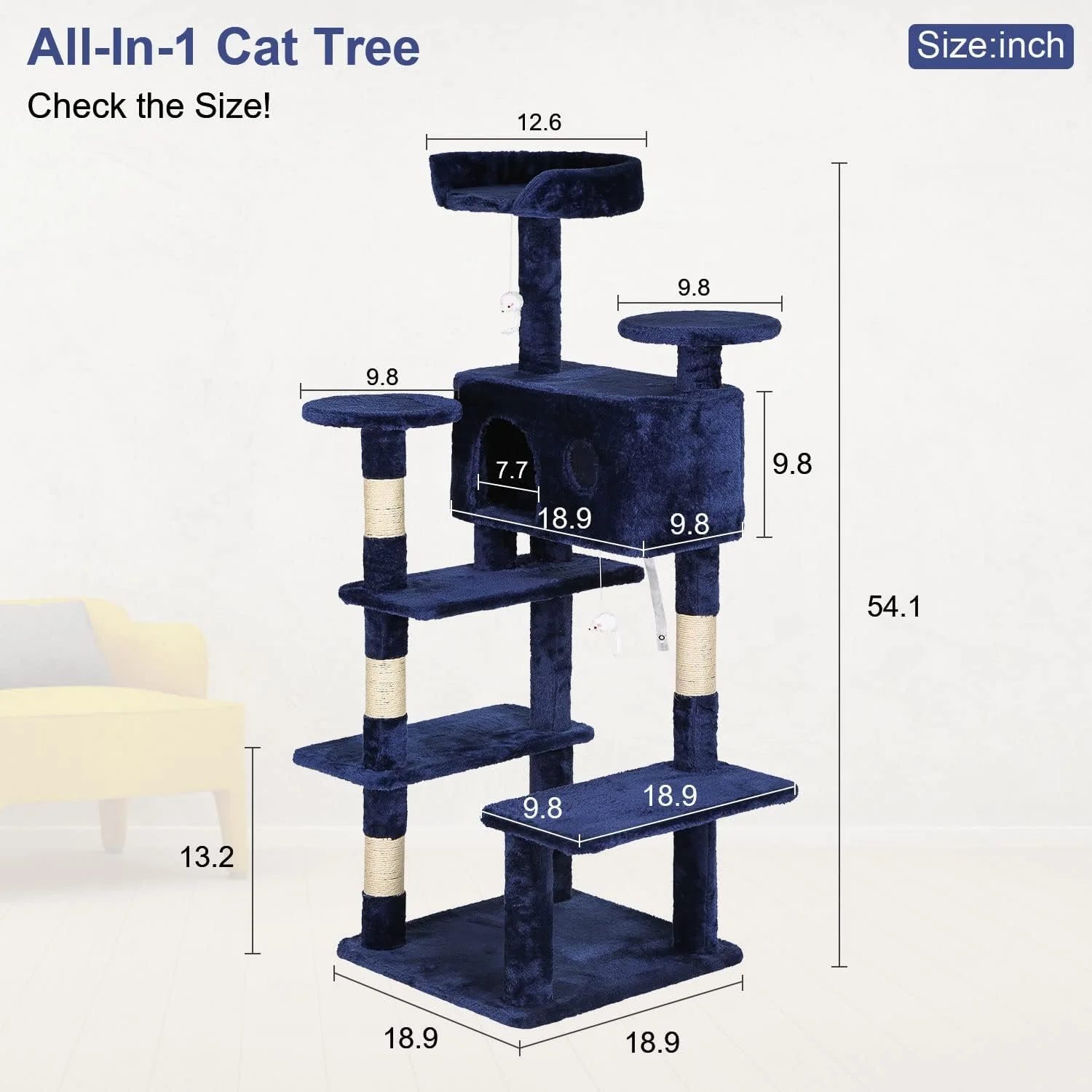 Dkelincs 54 inch Cat Tree with Cat Scratching Posts, Multi-Level Cat Condo Tower Play House, Navy Blue