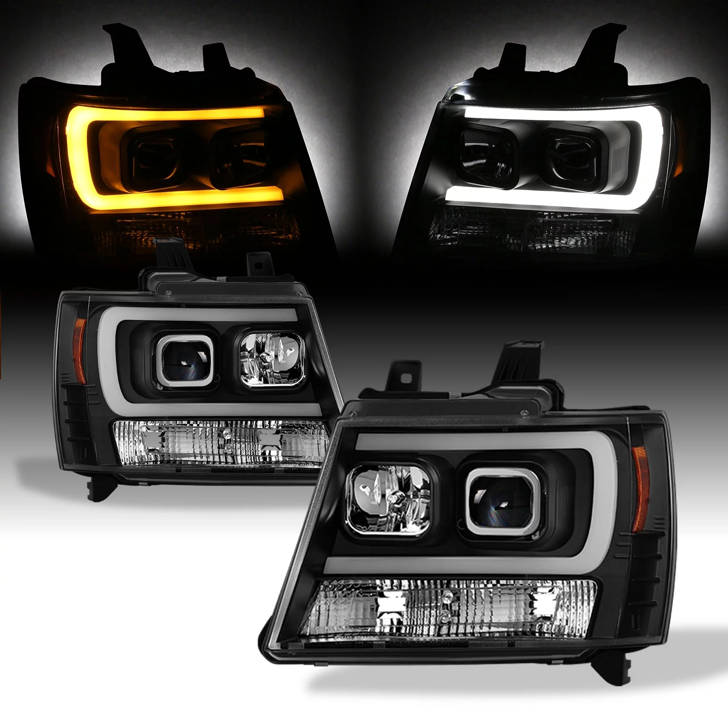 AKKON - Fits 2007-2013 Chevy Avalanche 2007-2014 Tahoe Suburban 1500 / 2500 C-Tube Projector Black Headlights Pair Left + Right