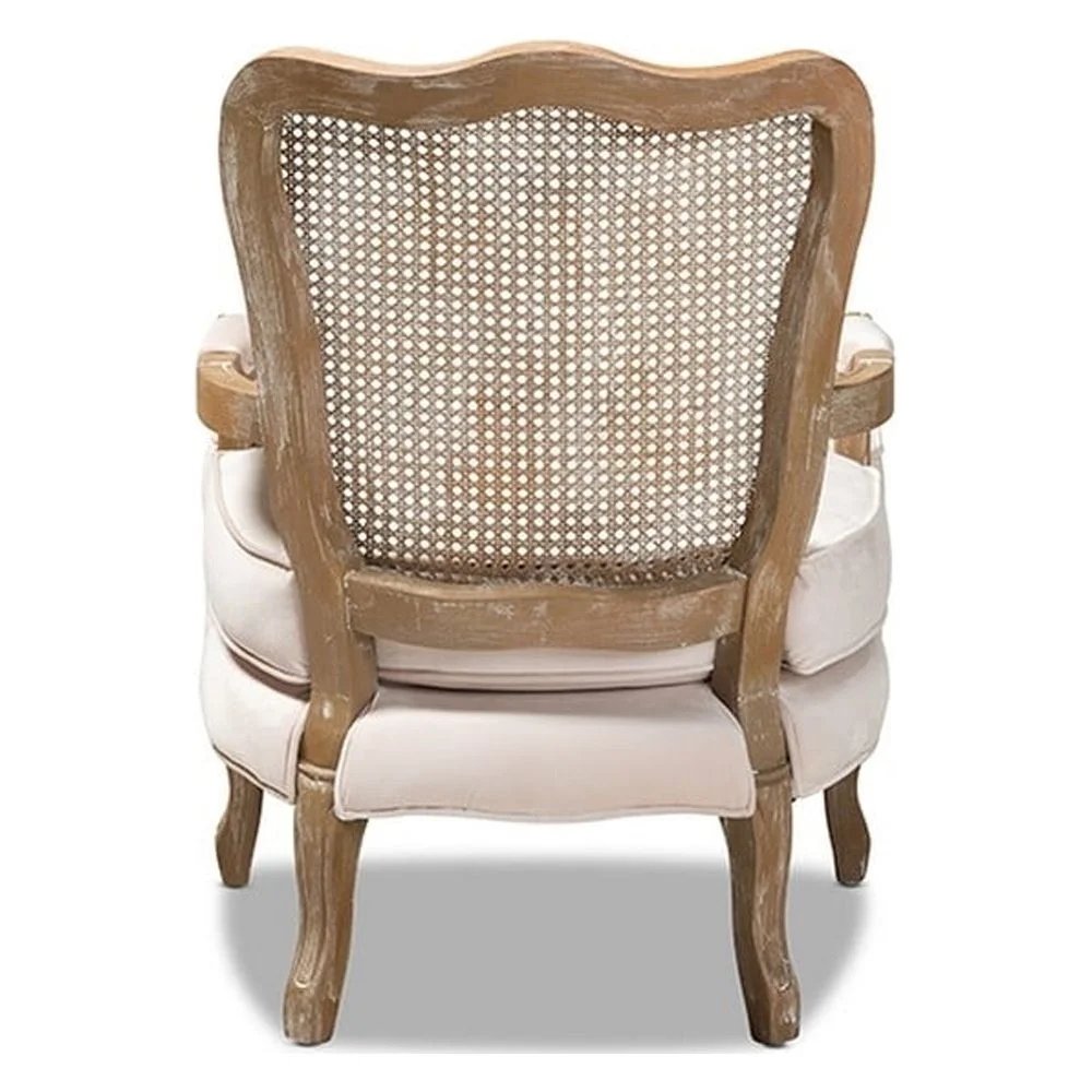 Vallea Traditional French Provincial Light Beige Velvet Fabric Upholstered Wood Armchair