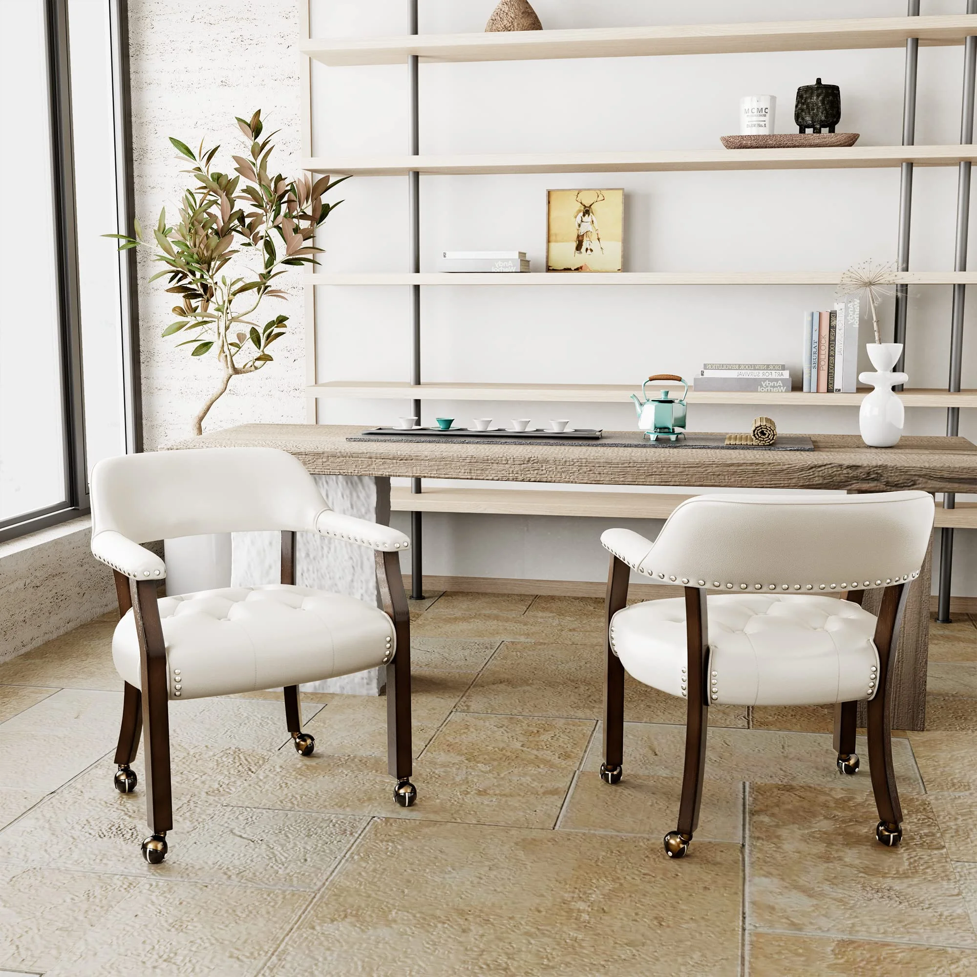 JESONVID Dining Chair with Casters Set of 2, Captain's Chair with Caster Dining Room Chairs with Rollers Curving Backrest Dinette Sets Poker Chair with Wheels Kitchen Table Rolling Chairs,White 318WT