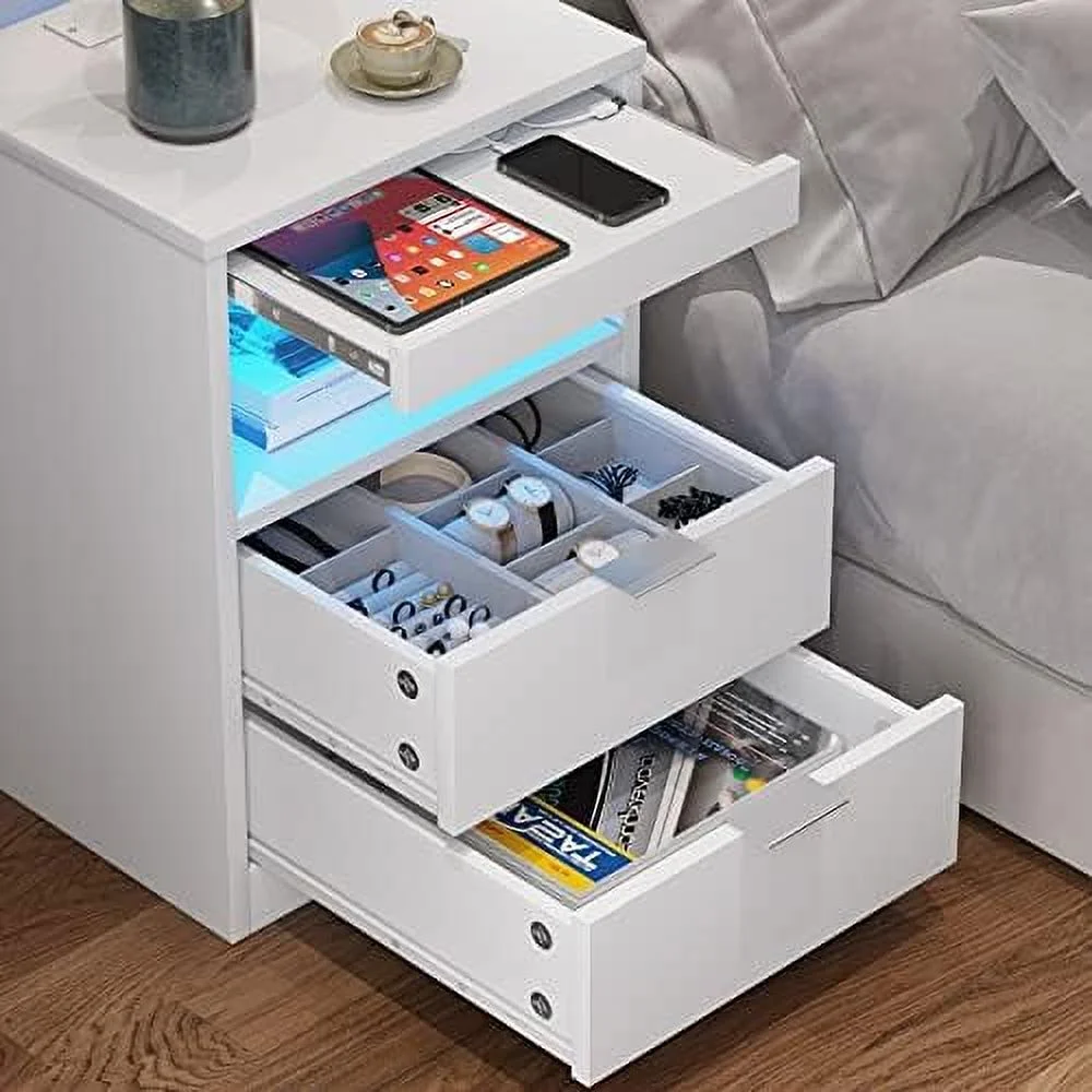 ZFGSUIJN LED Nightstand White Nightstand with Wireless Charging Station 2 Drawers   End  with LED Lights  Wooden Sofa Bedside Table with Pull-Out