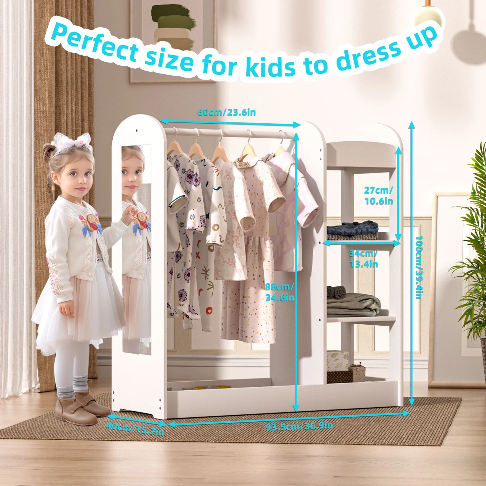 KORIMEFA Kids Dress up Storage with Mirror, Clothes Rack, 3-Tier Shelves, Bottom Tray, Pretend Play Costume Dresser Organizer Center, Open Hanging Armoire Closet for Little Girls