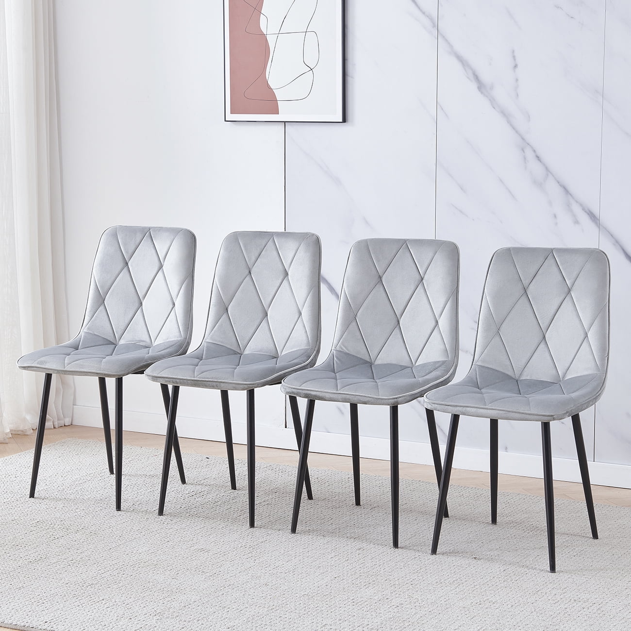 Dining Chair Set of 4, Velvet Dining Chairs with Curved Back & Foot Cap Protection ,Mid Century Modern Upholstered Side Chairs with Metal Black Legs for Dining Kitchen, Living Room,Gray