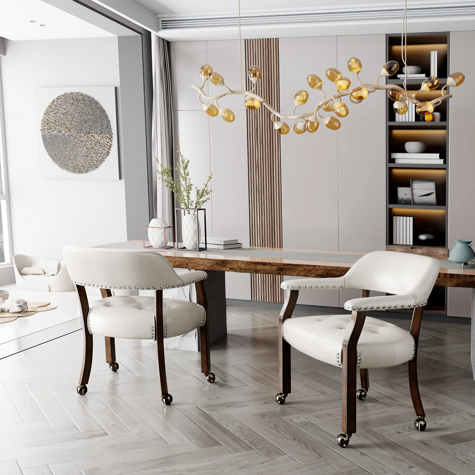 JESONVID Dining Chair with Casters Set of 2, Captain's Chair with Caster Dining Room Chairs with Rollers Curving Backrest Dinette Sets Poker Chair with Wheels Kitchen Table Rolling Chairs,White 318WT