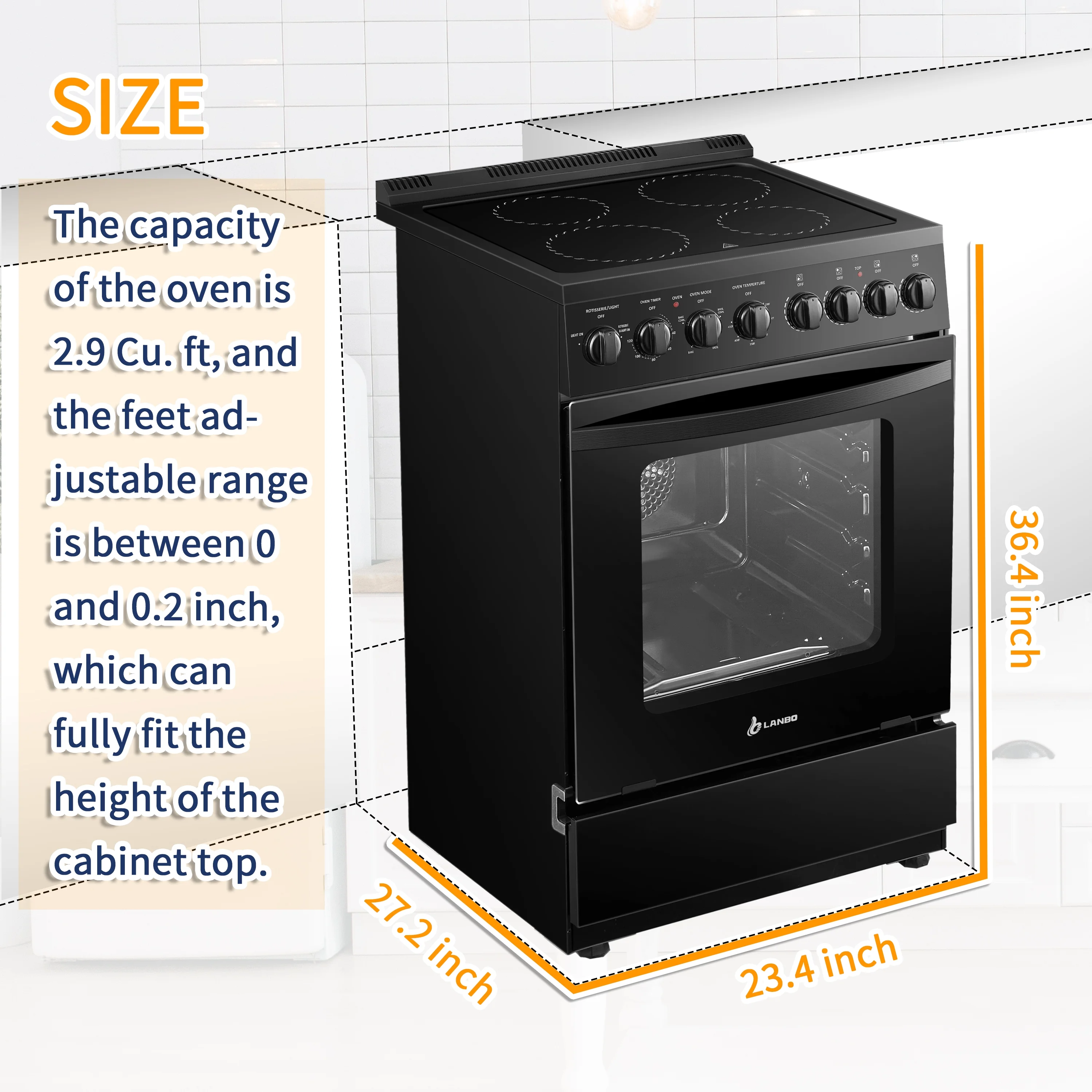 Lanbo 24 inch 2.9 Cu.ft Freestanding Electric Range with Rotisserie and  Convection Oven