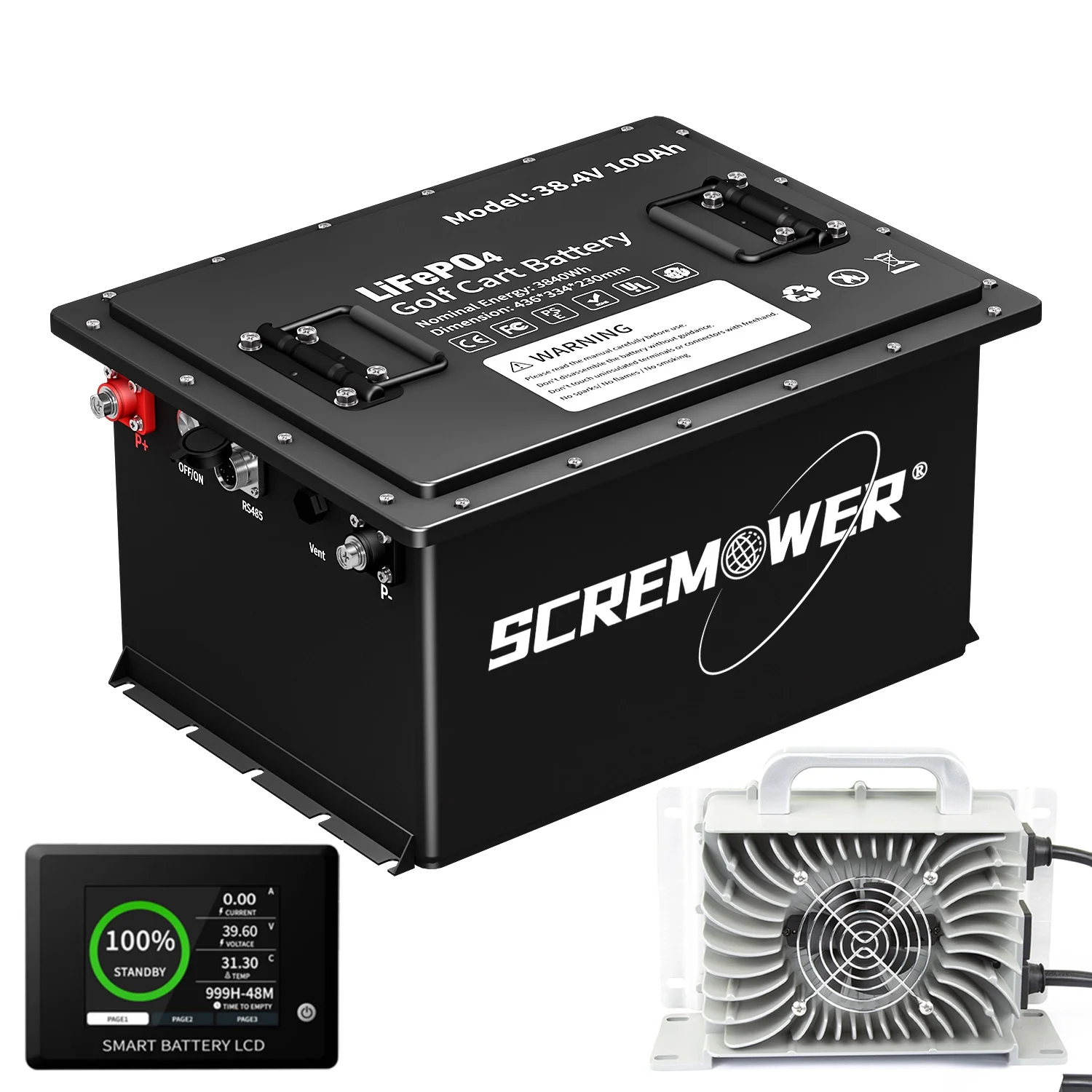 36V 100Ah Lithium Golf Cart Battery, 8000+ Deep Cycles Rechargeable LiFePO4 Golf Cart Battery 200A BMS, SCREMOWER Max 7.64kW Power Output for Golf Carts，43.8V 20A Charger