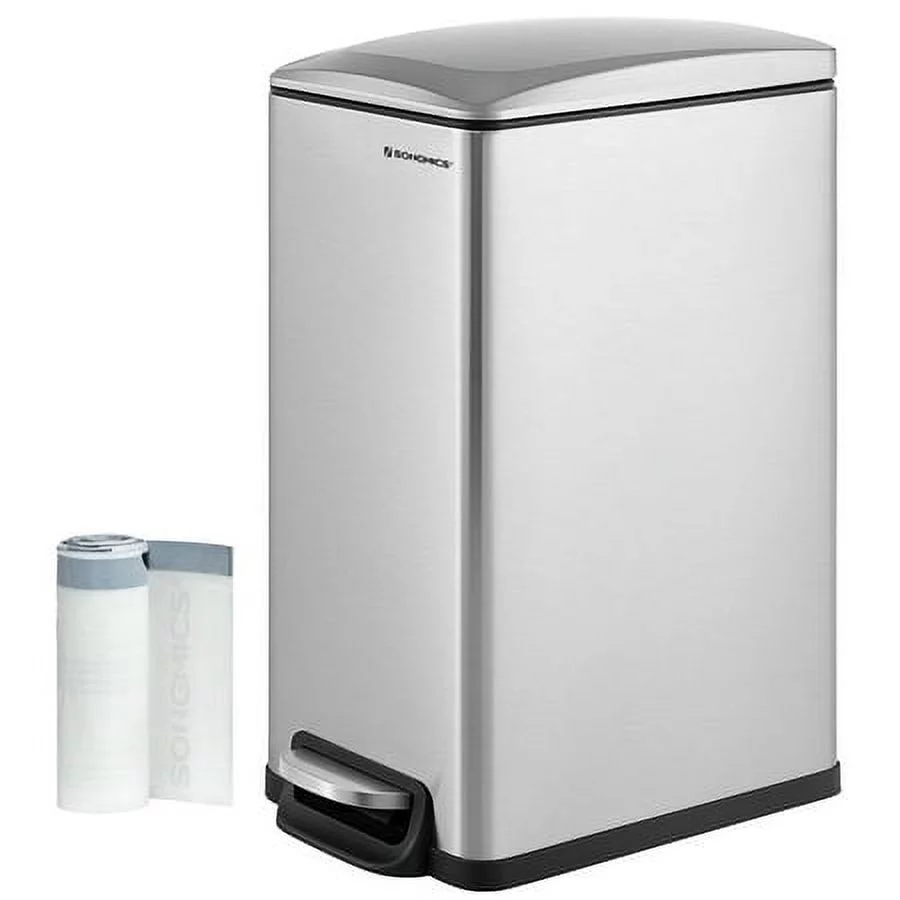 SONGMICS 12.7 Gallon Slim Trash Can, Kitchen Garbage Can for Narrow Spaces, Stainless Steel, Silver