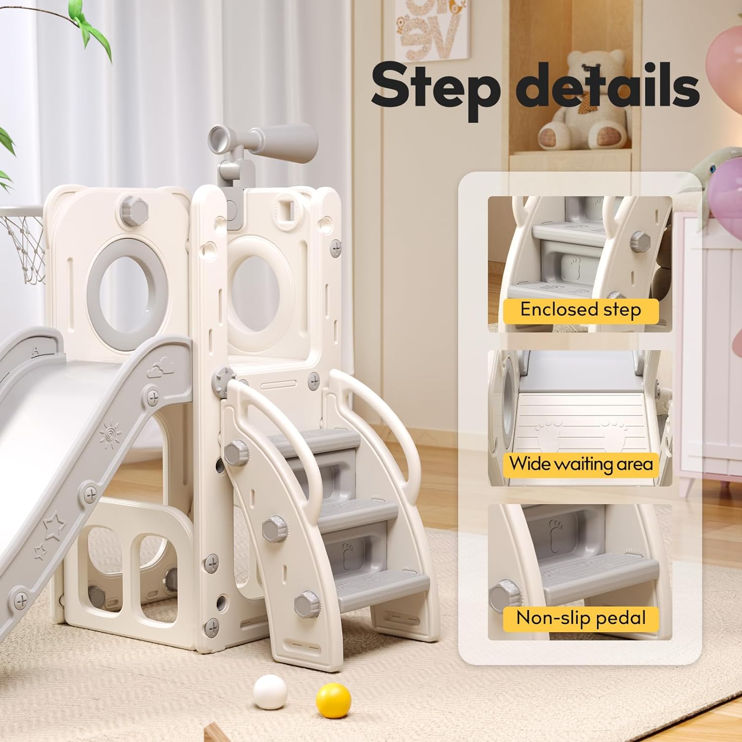 6 in 1 Toddler Playset with Slide,Toddler Slide,Slide for Kids with Basketball Hoop,Ball,Ring Toss,Kids Slide Toddler Playground Toddler Slide Indoor Outdoor Toys (6 in 1, White Grey)