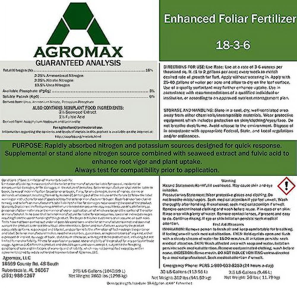 18-3-6 Liquid Fertilizer (2.5 Gallons), by AGROMAX - Turf Grass and Lawn Liquid Fertilizer Enhanced with Micronutrients, Seaweed Extract and Fulvic Acid.