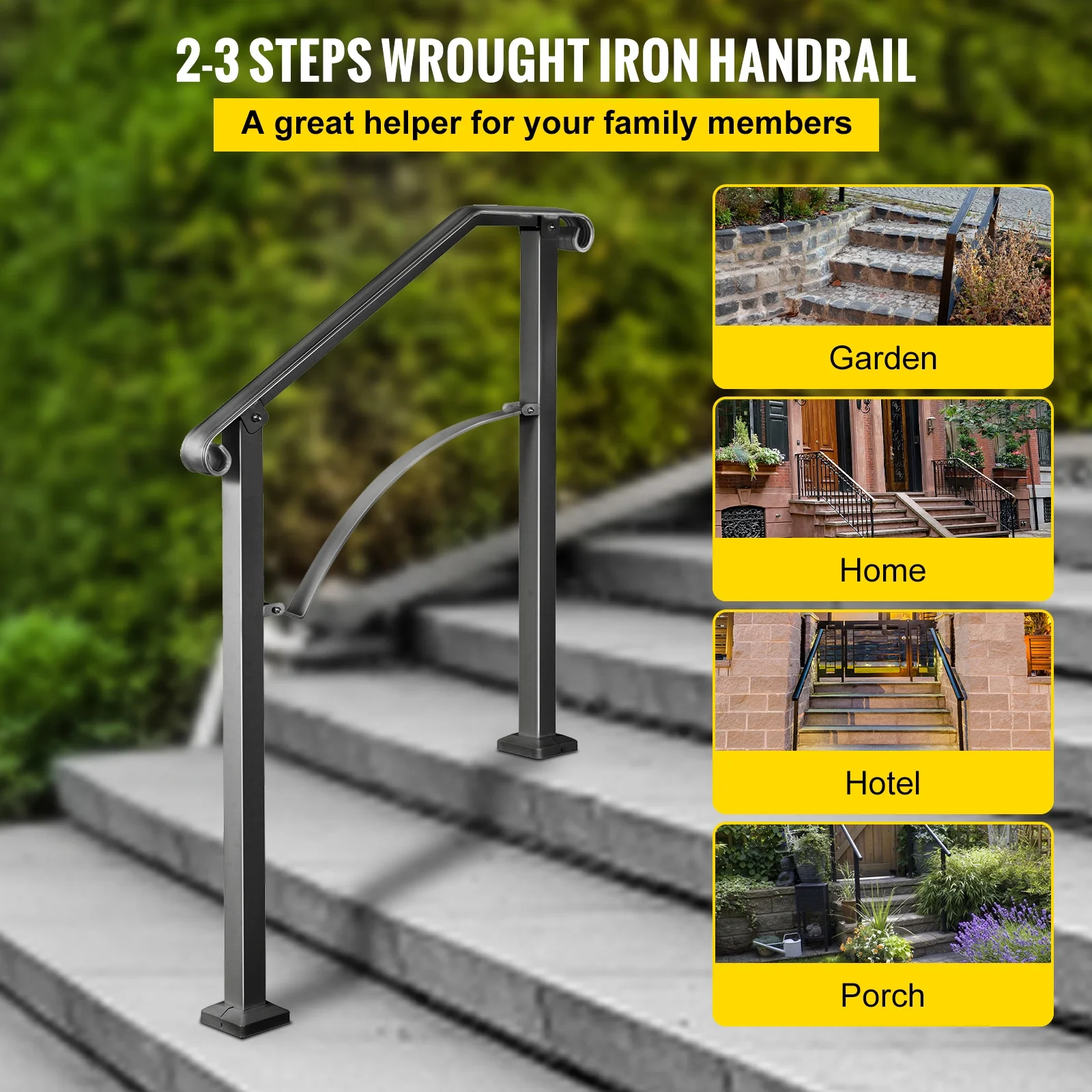 SKYSHALO Handrail Arch #2 Fits 2 or 3 Steps Matte Black Stair Handrail Wrought Iron Handrail Mounting Kit Outdoor Step Handrail
