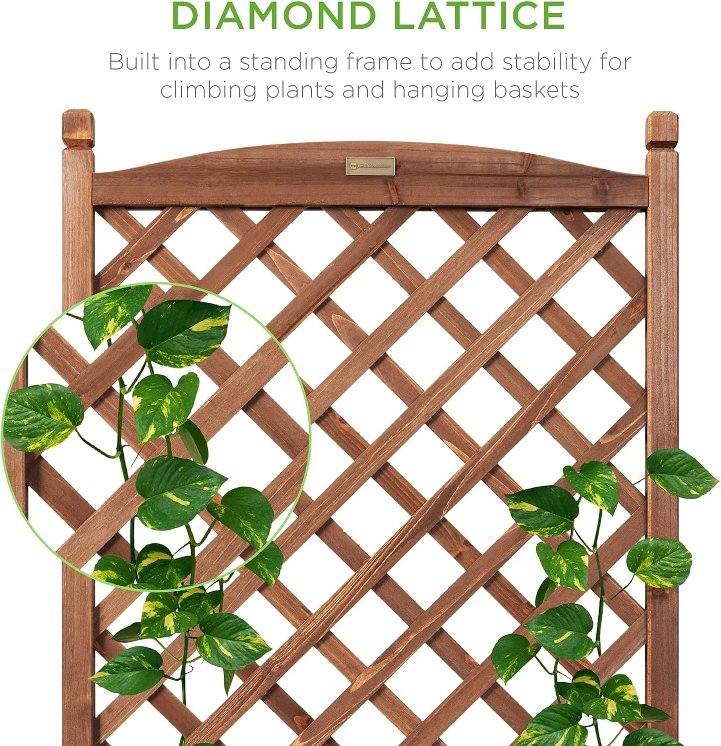 48in Wood Planter Box & Diamond Lattice Trellis, Mobile Outdoor Raised Garden Bed for Climbing Plants w/Drainage Holes, Optional Wheels - Walnut