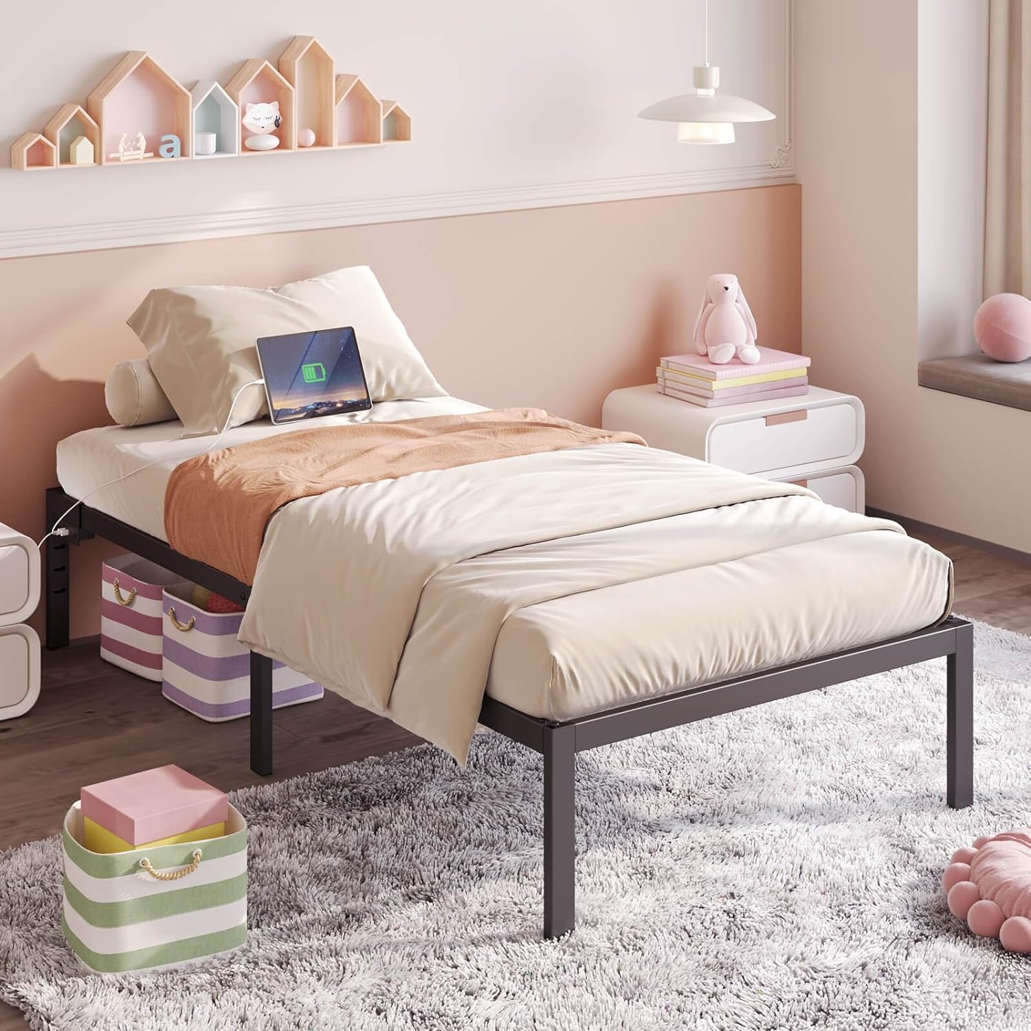 YILAN Bed Frame Twin XL Size with USB Charging Station, 14 Inch Metal Platform Bed Frame, Mattress Foundation with Heavy Duty Steel Slat Support, No Box Spring Needed, Easy Assembly, Black