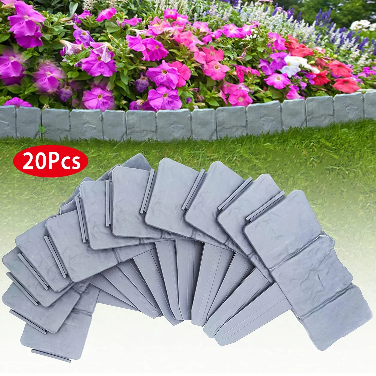 iMounTEK 20Pcs Plastic Garden Edging Border Flower Bed Landscape Stone Effect Fence for Lawn Patio Yard Grey