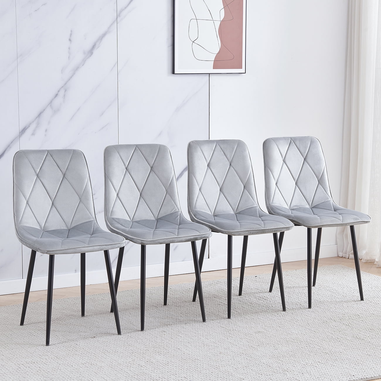 Dining Chair Set of 4, Velvet Dining Chairs with Curved Back & Foot Cap Protection ,Mid Century Modern Upholstered Side Chairs with Metal Black Legs for Dining Kitchen, Living Room,Gray