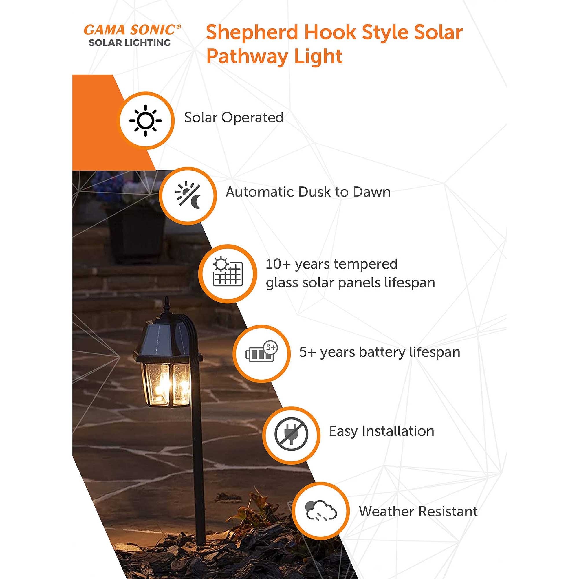 Gama Sonic Shepherd Hook 80 Lumen Solar Warm White LED Pathway Landscape Light 2-Pack