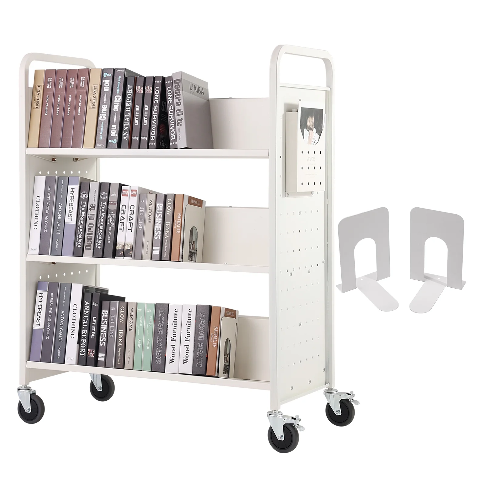 SKYSHALO Book Cart Library Cart 330 lbs Capacity with W-Shaped Shelves in White