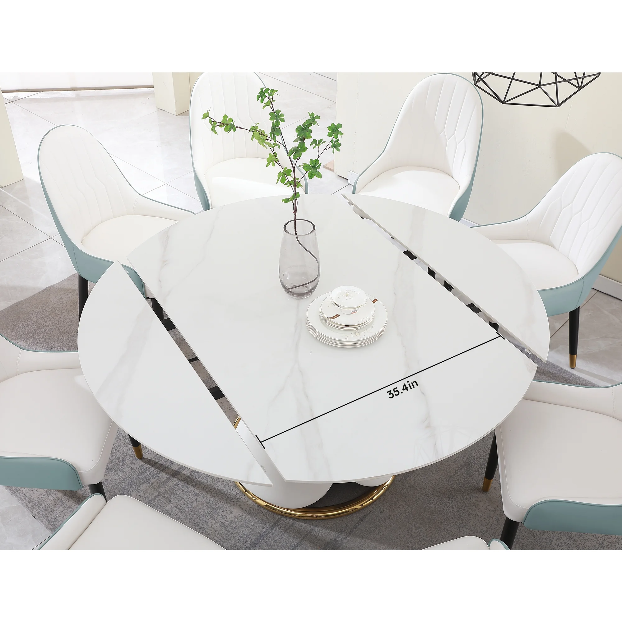 Montary Fashion Modern Sintered Stone Dining Table with Simple and Multi-Functional Retractable Dining Table with 6 PU Leather Chairs