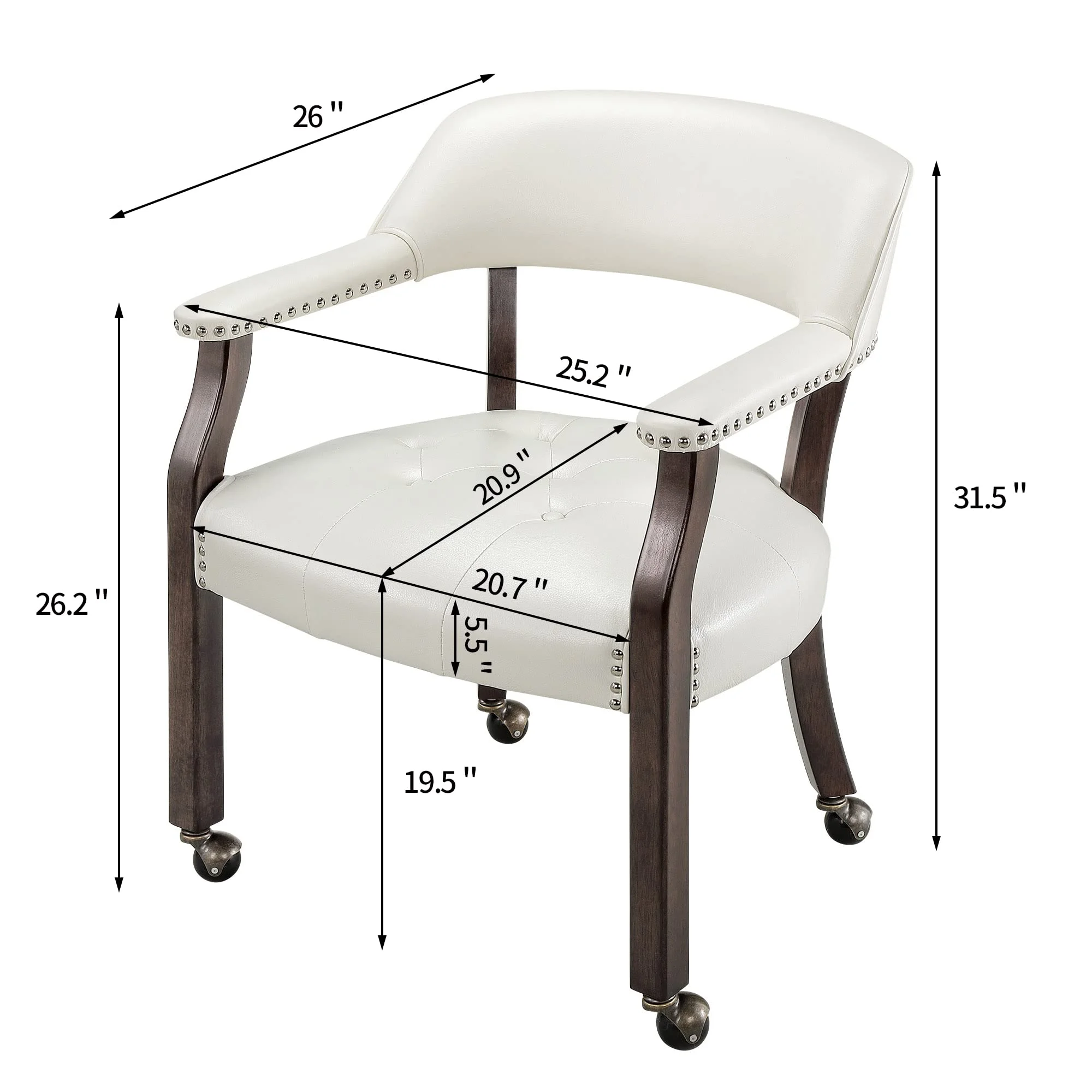 JESONVID Dining Chair with Casters Set of 2, Captain's Chair with Caster Dining Room Chairs with Rollers Curving Backrest Dinette Sets Poker Chair with Wheels Kitchen Table Rolling Chairs,White 318WT