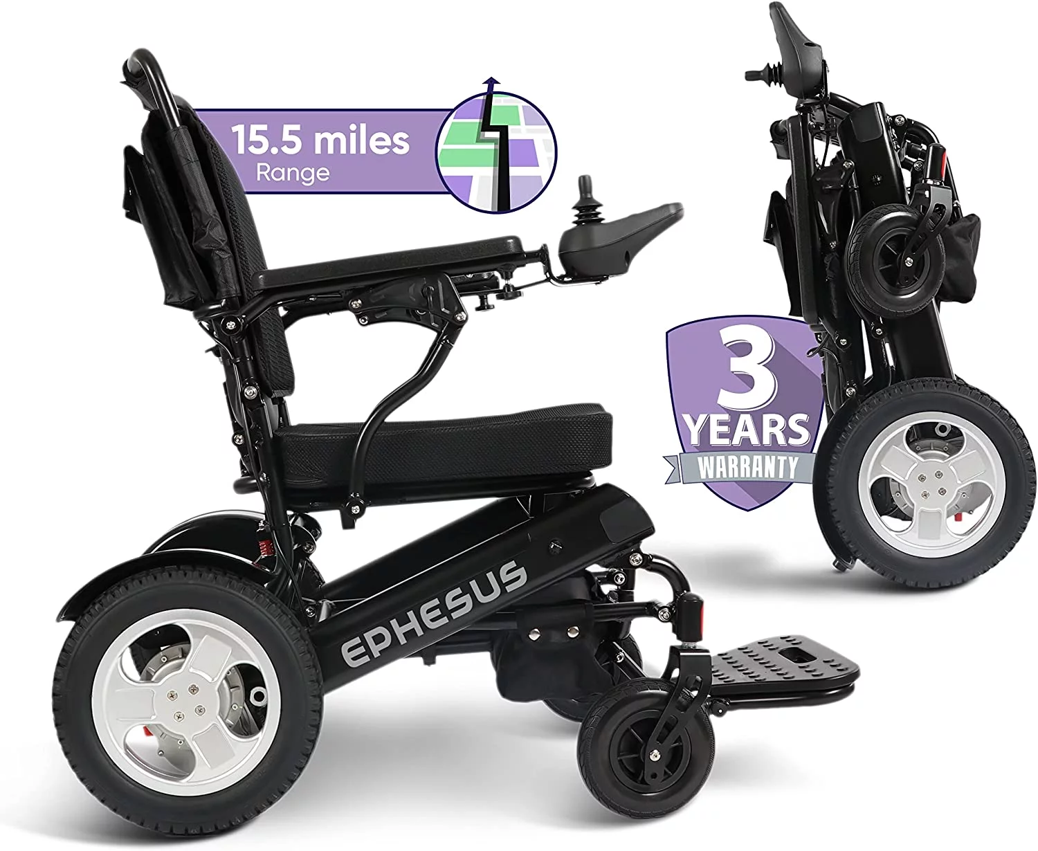 Ephesus E9 Motorized Wheelchair: Foldable & Portable! (Jet Black)