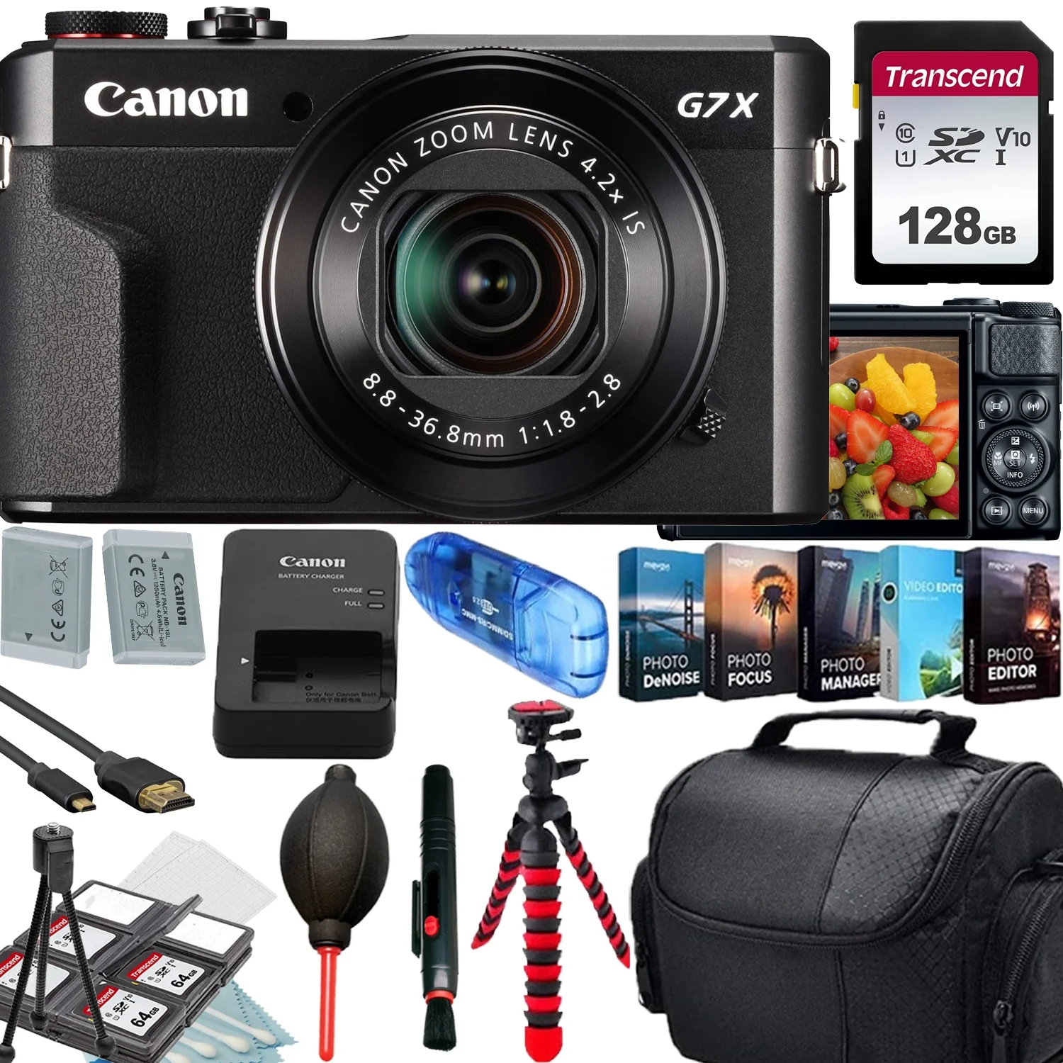 Canon PowerShot G7 X Mark II Digital Camera (Black)+128GB Memory Card+Camera Shoulder Bag+12 inch Flexible Spider Tripod+Deluxe Accessory Bundle