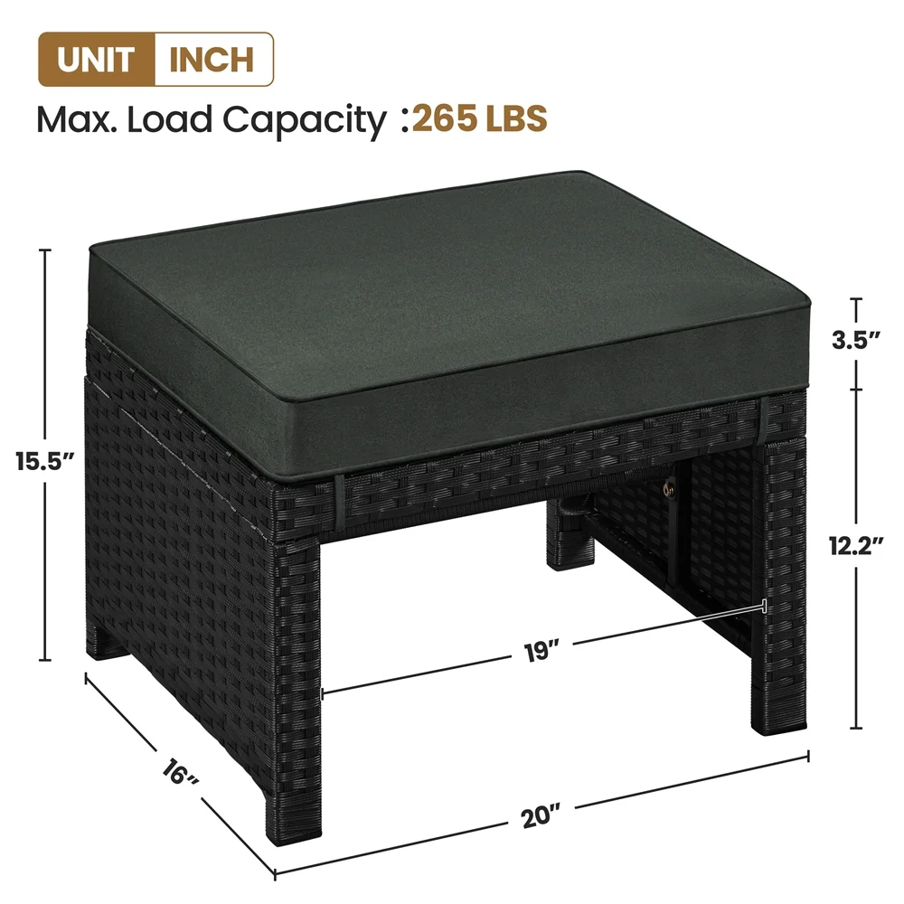 Topeakmart 2pcs Wicker Ottomans with Removable Cushion, Black/Gray