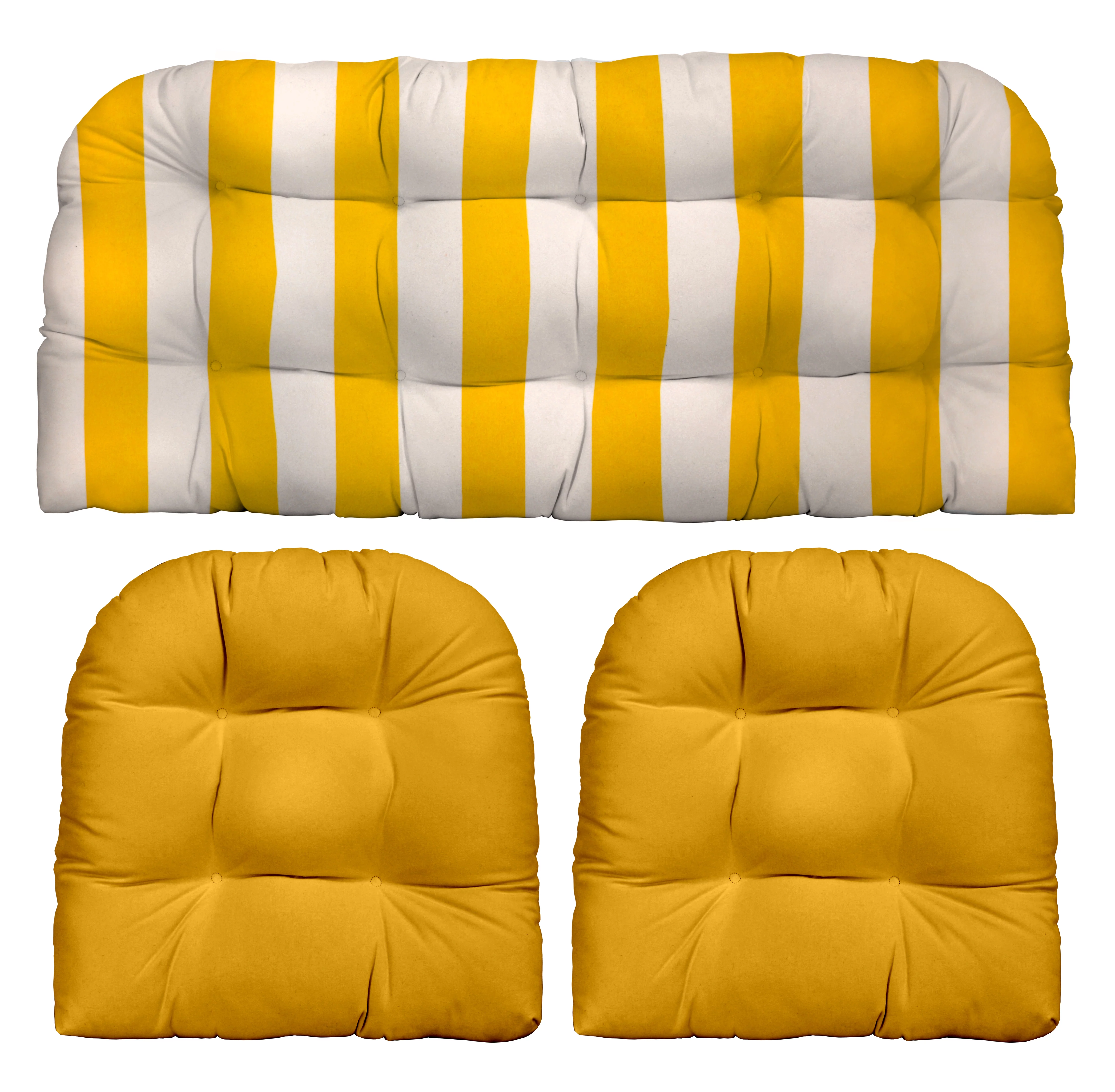 RSH Décor Indoor Outdoor 3 Piece Tufted Wicker Cushion Set, Standard, Yellow & White Stripe + Yellow