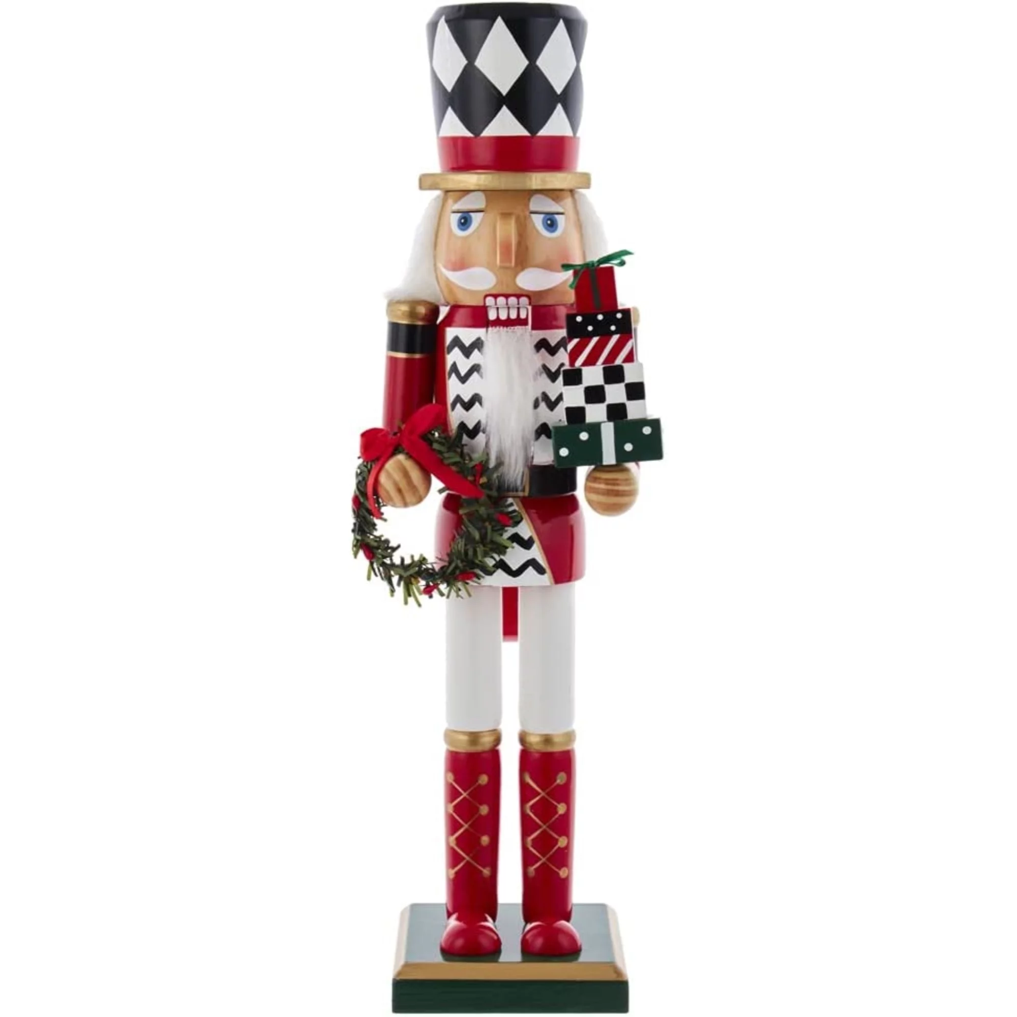 Kurt Adler Red,White, Black Nutcracker Holding Gift Box and Wreath, 15