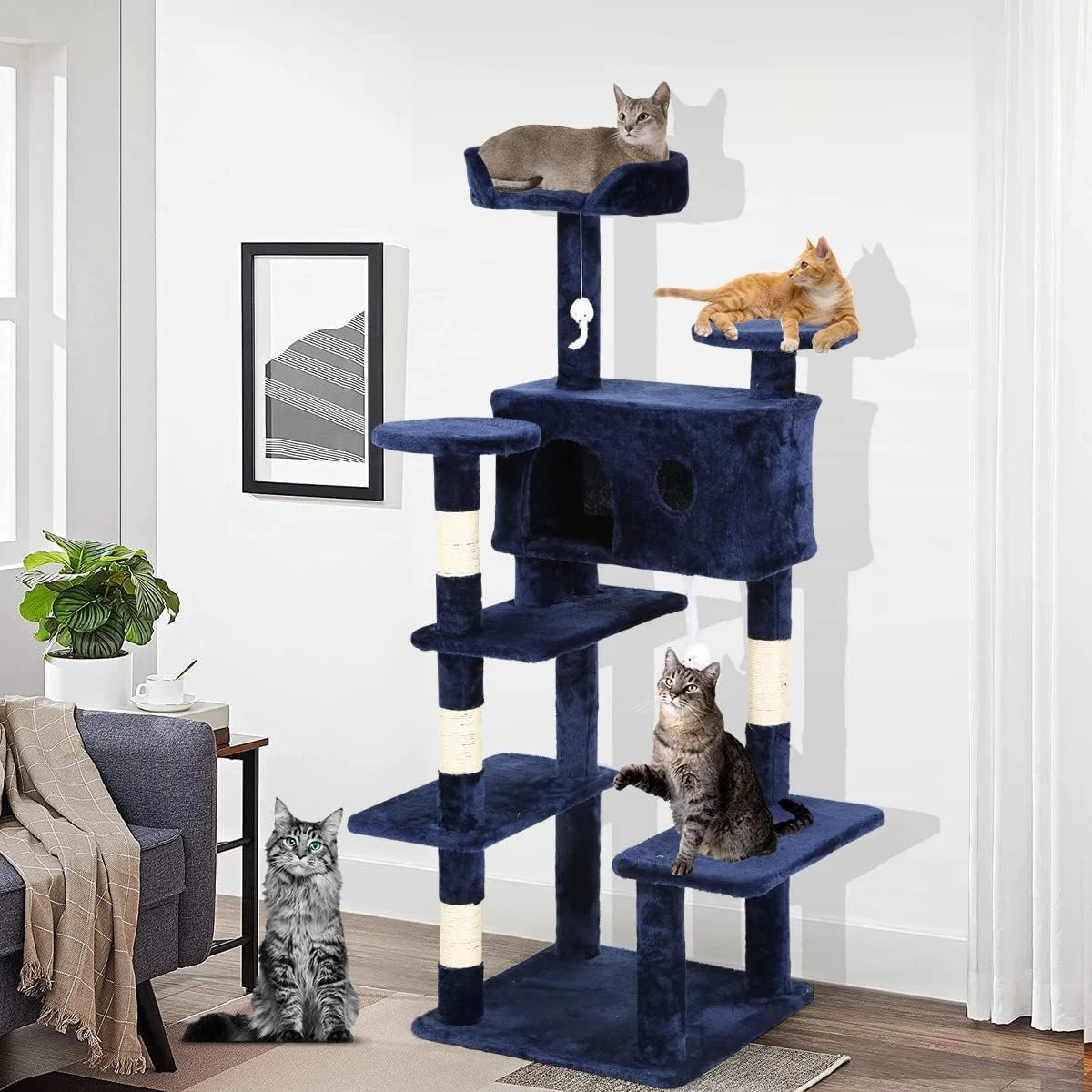 Dkelincs 54 inch Cat Tree with Cat Scratching Posts, Multi-Level Cat Condo Tower Play House, Navy Blue