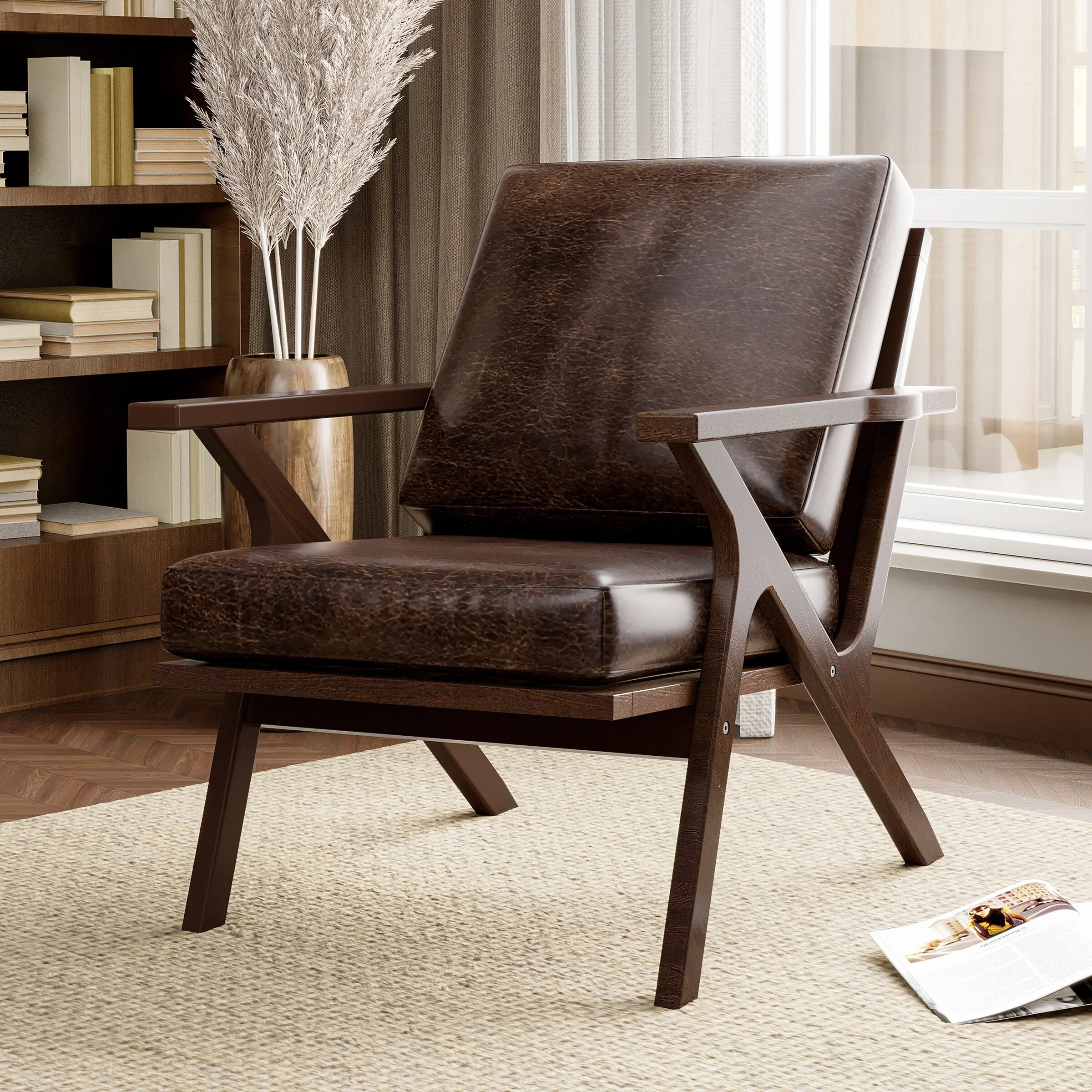 Crestlive Products Retro Accent Chair Rubber Wood Faux Leather Upholstered 1-piece - Brown