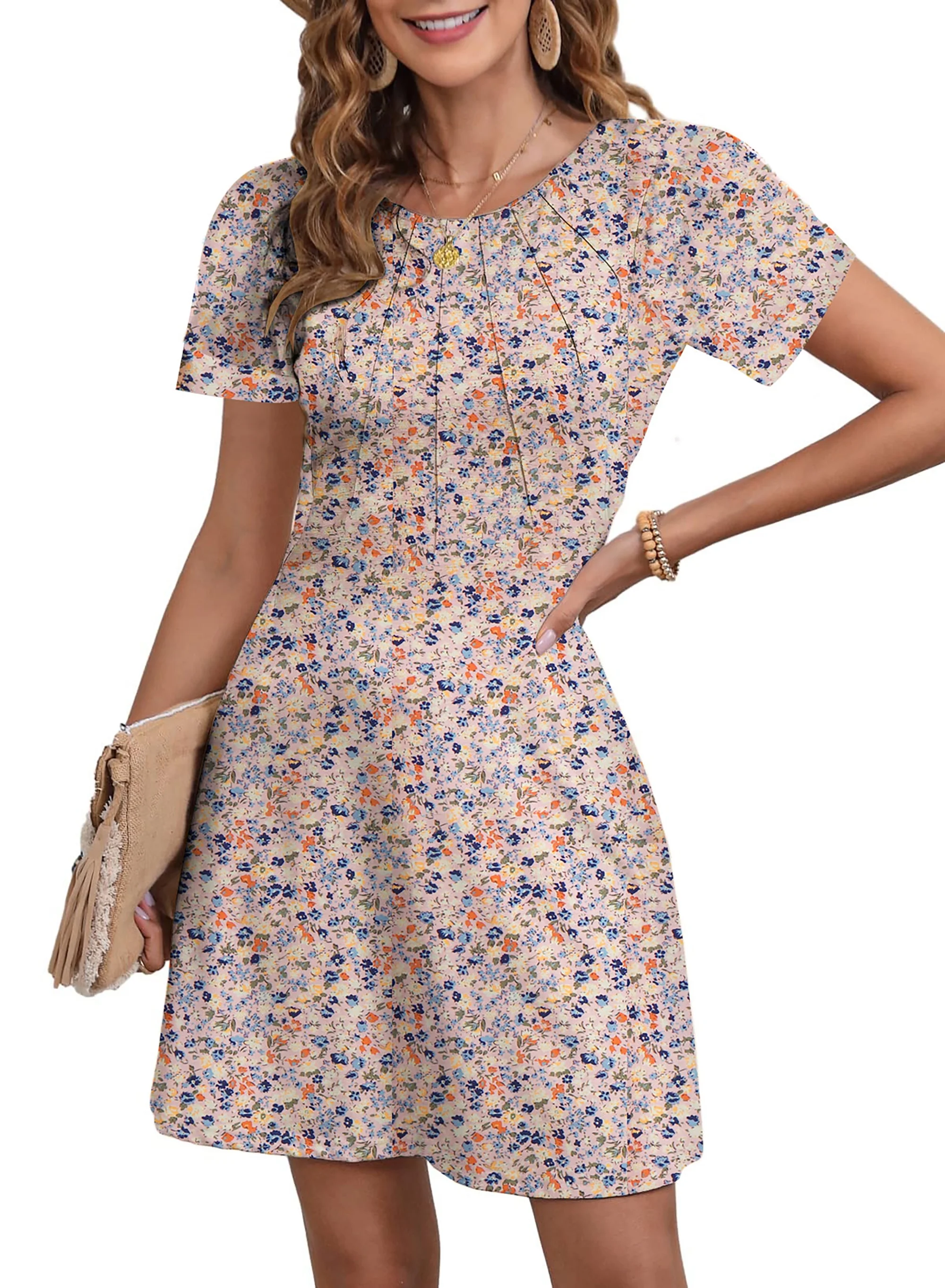 Fantaslook Summer Dresses for Women Short Sleeve Pleated Floral Dresses Tunic Crew Neck Shirts Dress