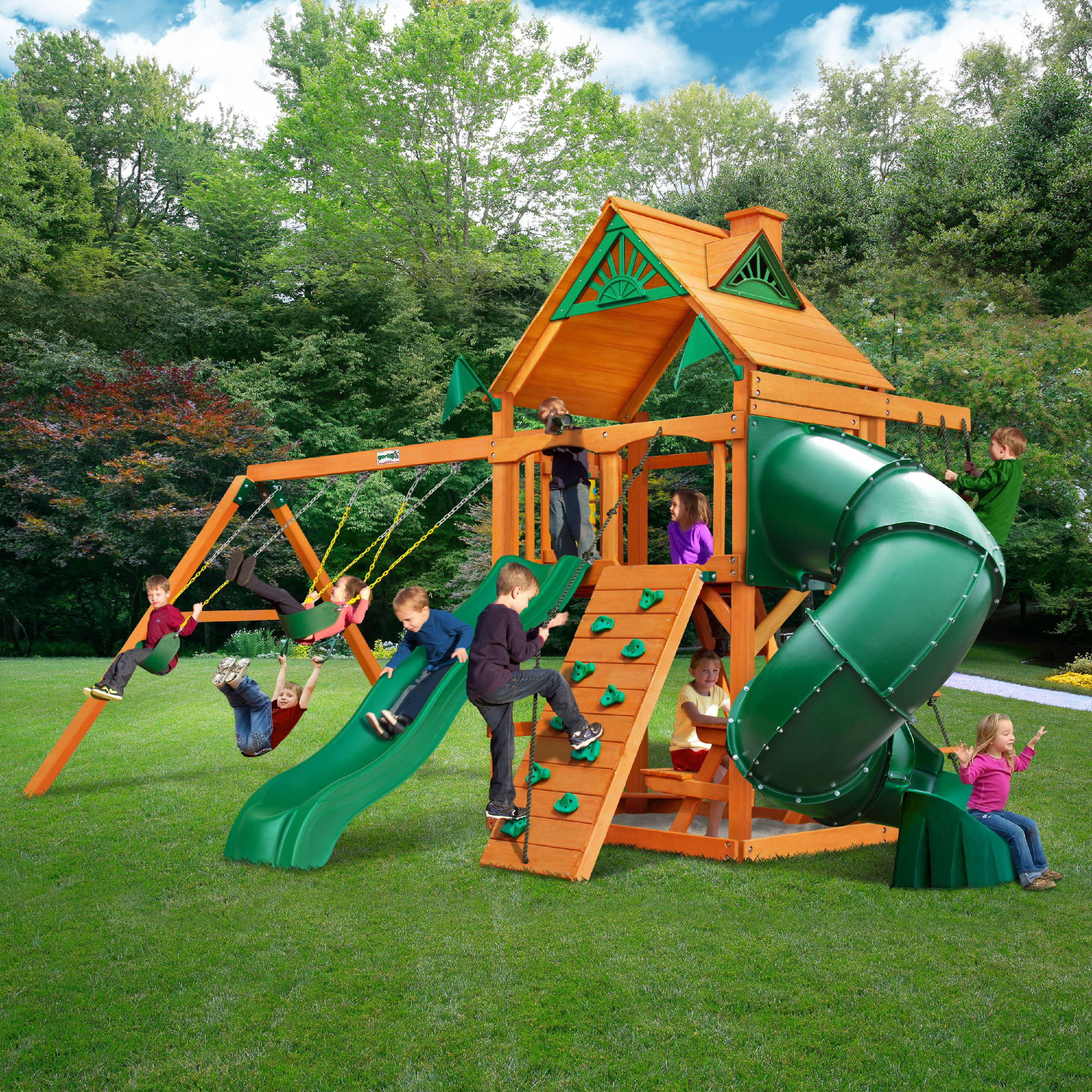 Gorilla Playsets Mountaineer Wooden Swing Set with Wood Roof, Extreme Tube Slide, and Built-in Picnic Table