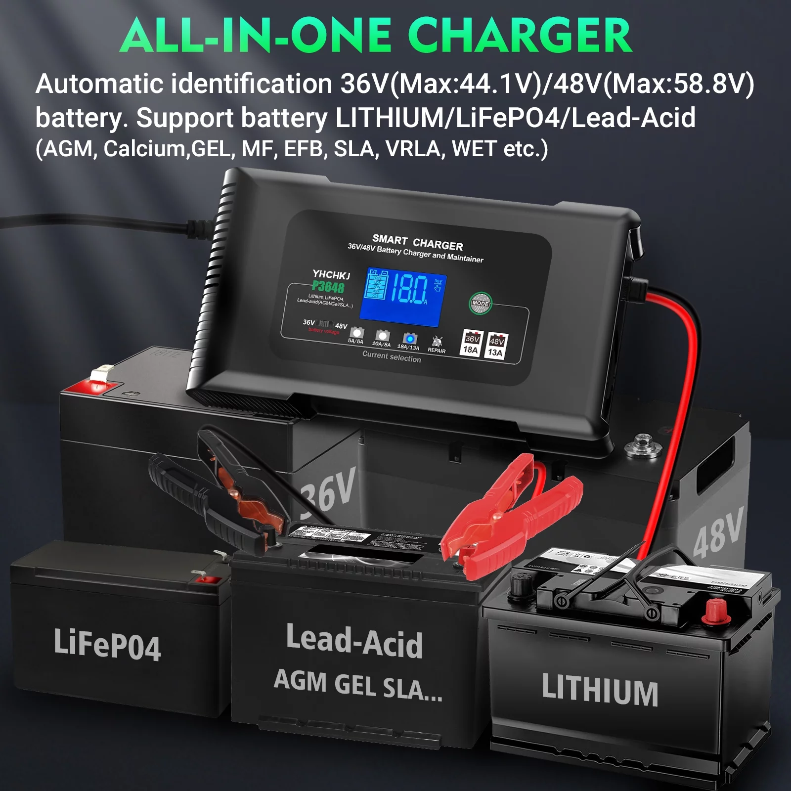 YHCHKJ 36V/48V Golf Cart Charger 18-Amp Smart Charger, Golf Car Battery Charger,Trickle Charger